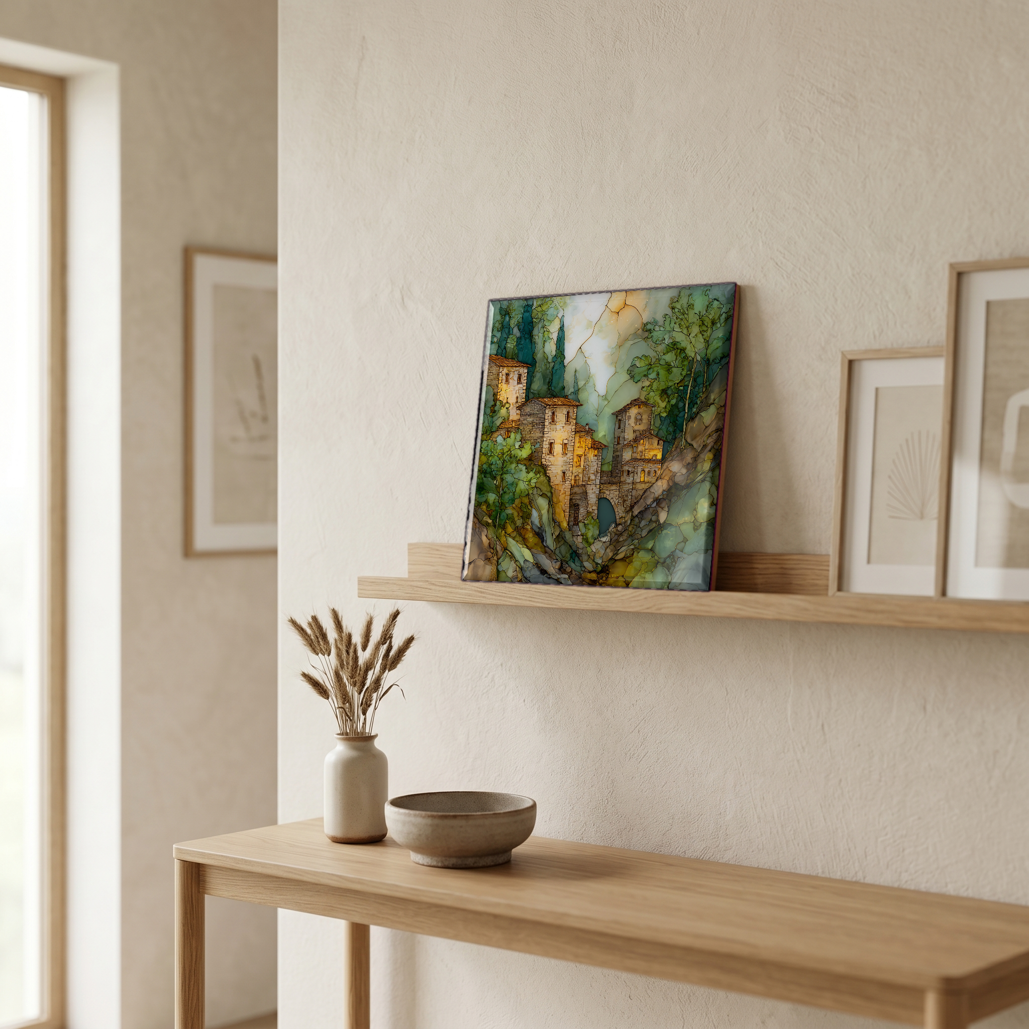 On a picture ledge, where the light comes in.