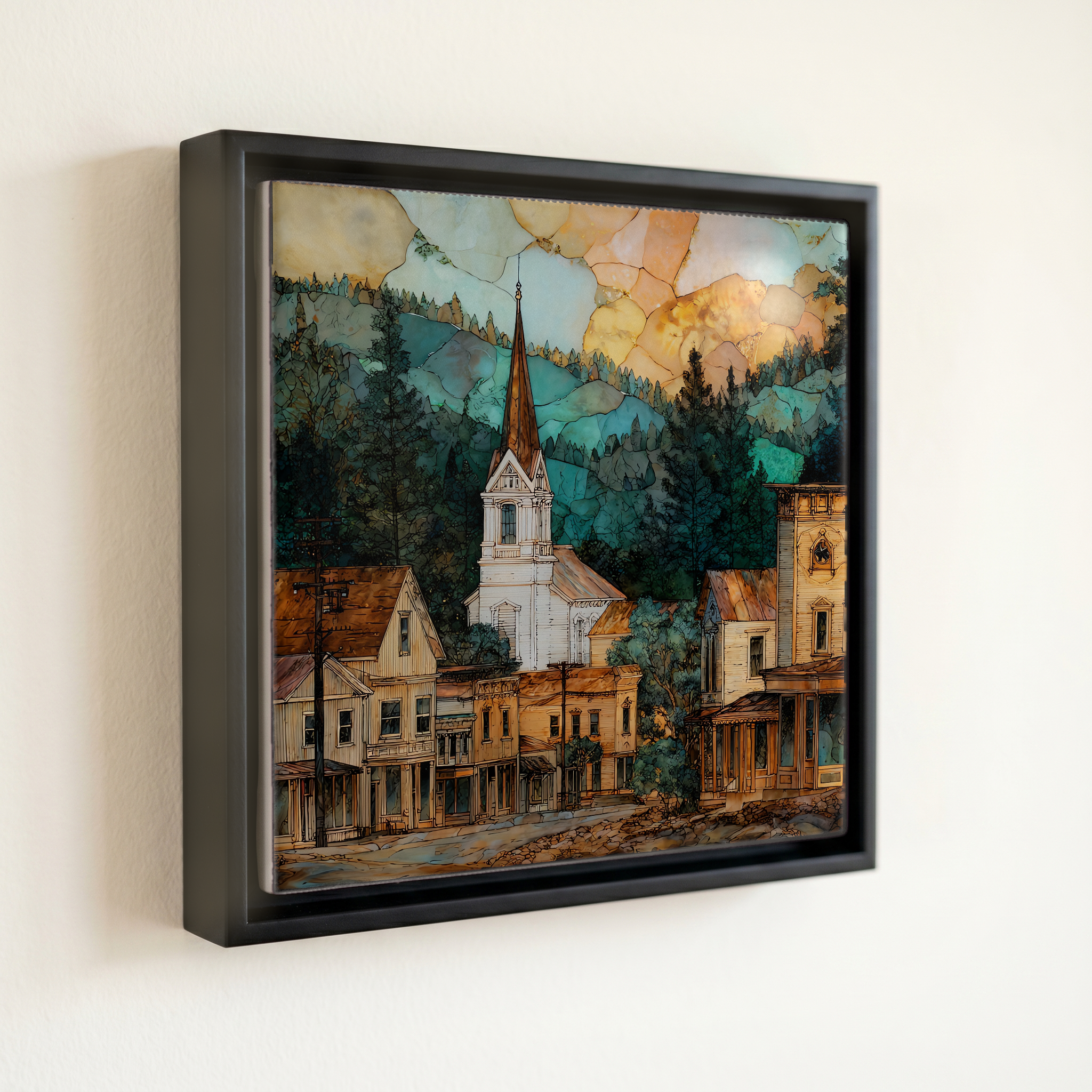 shown in a slim black floating frame · 6 × 6 in