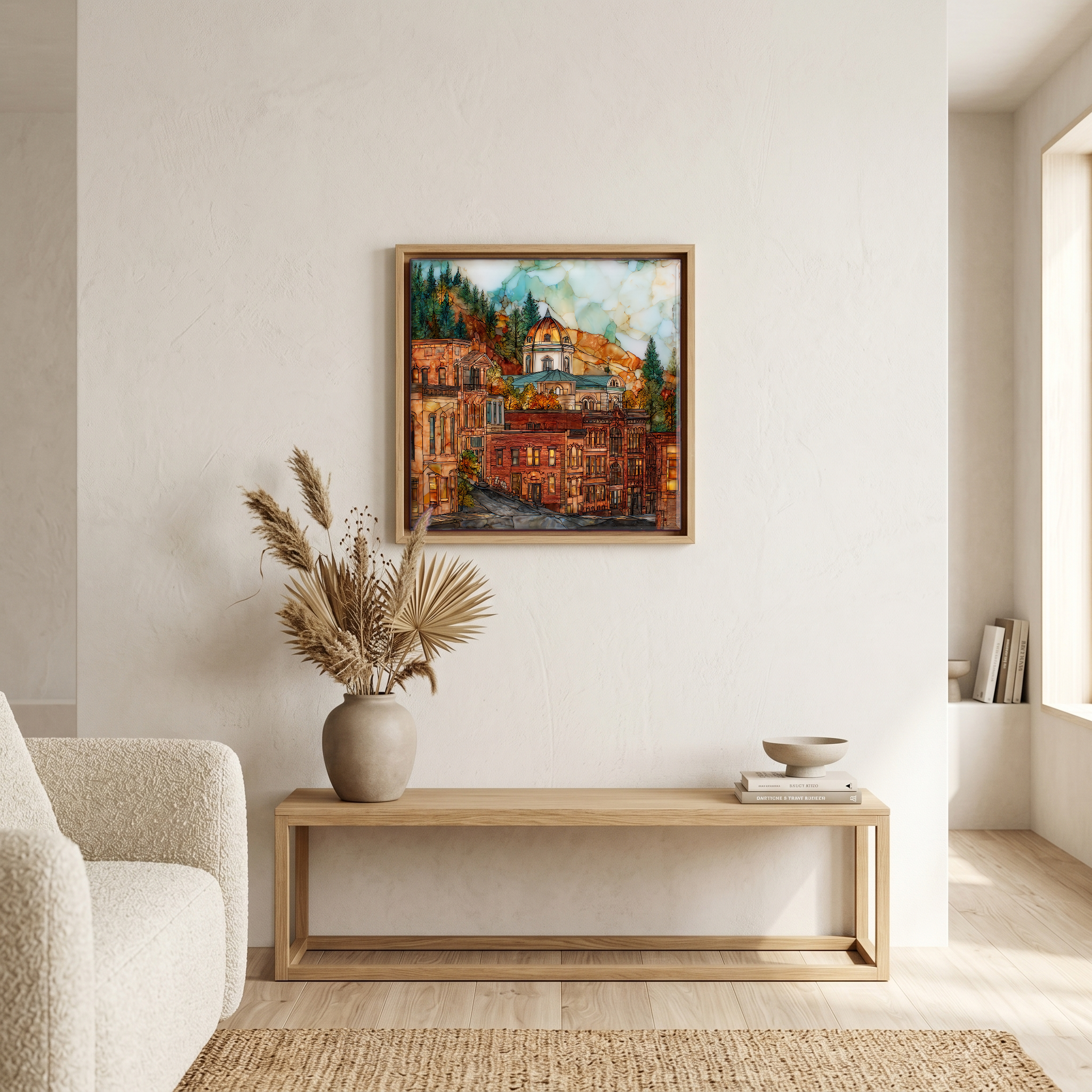Above the bench, in a warm oak surround.