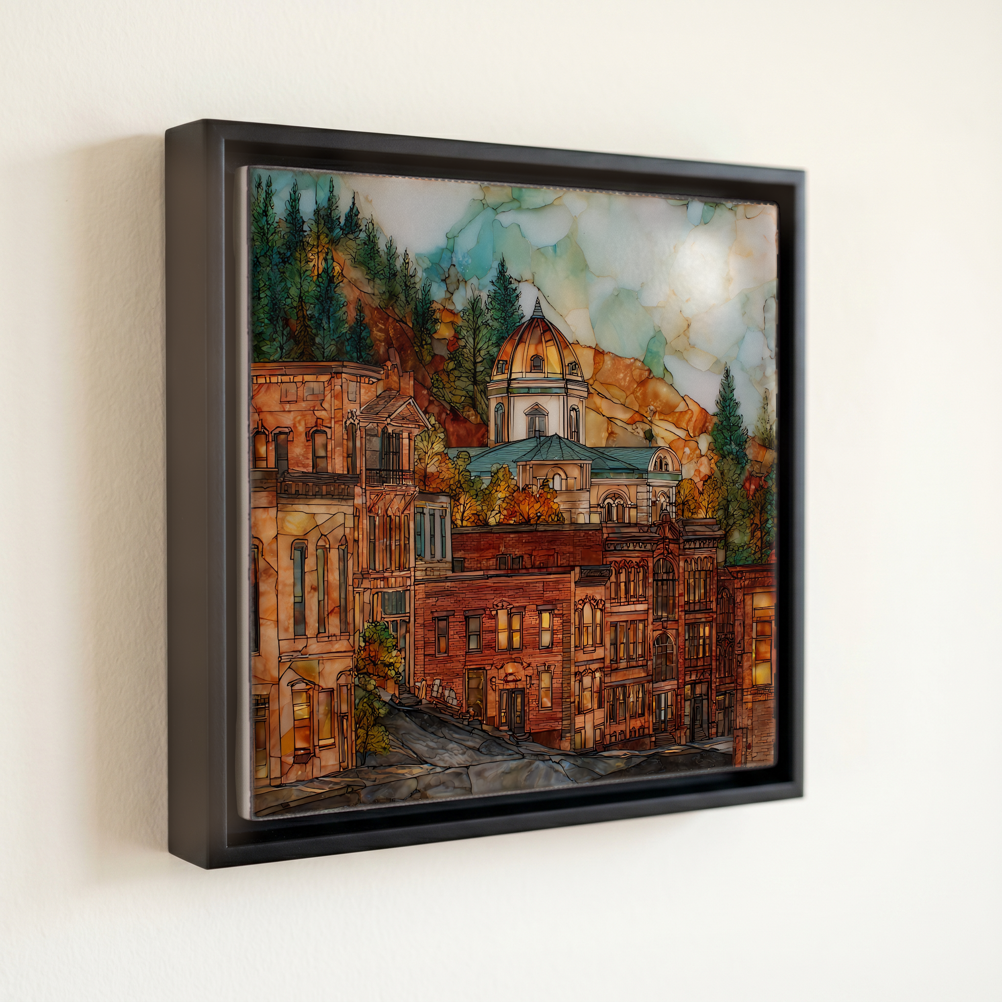 shown in a slim black floating frame · 6 × 6 in