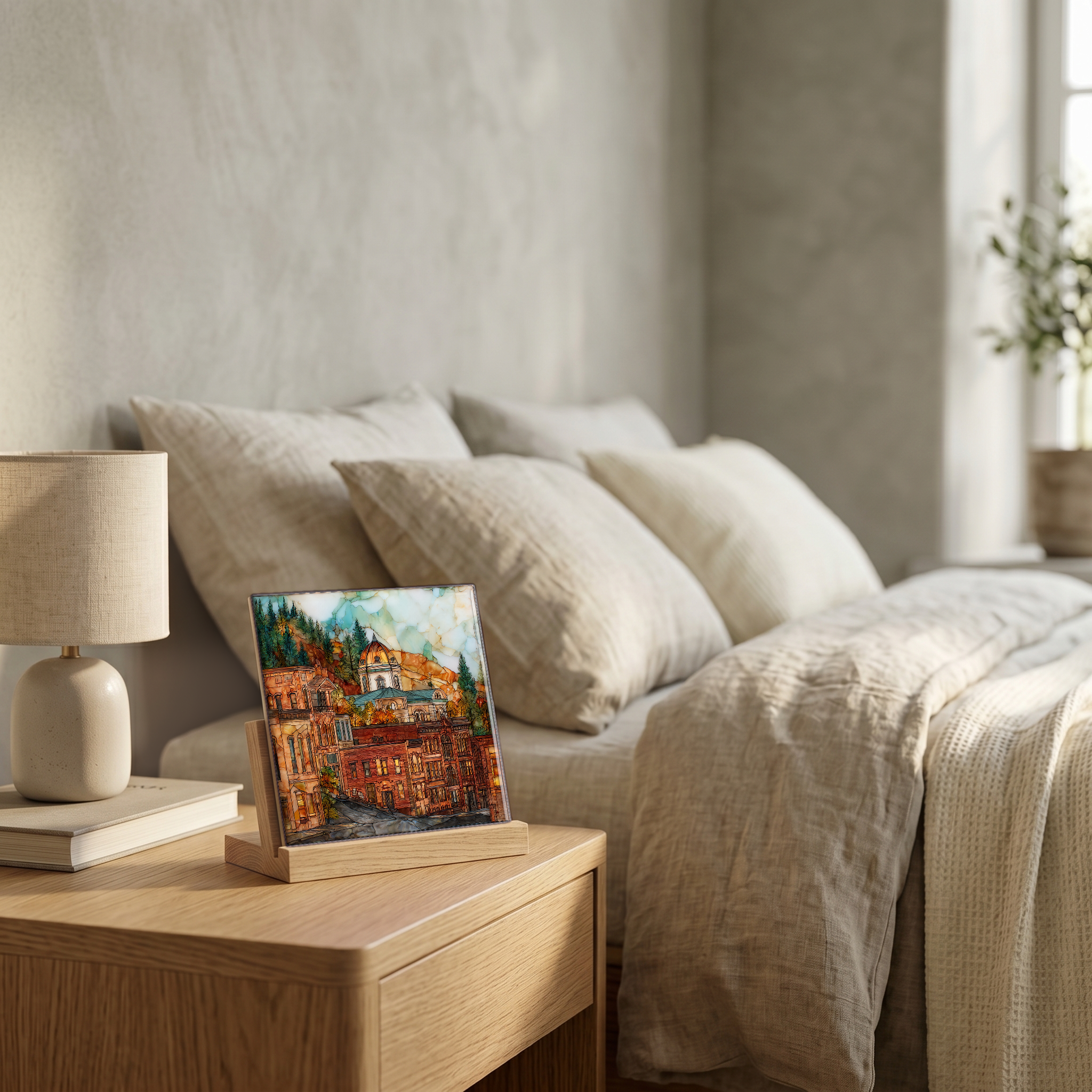 On the nightstand, on a light oak stand.