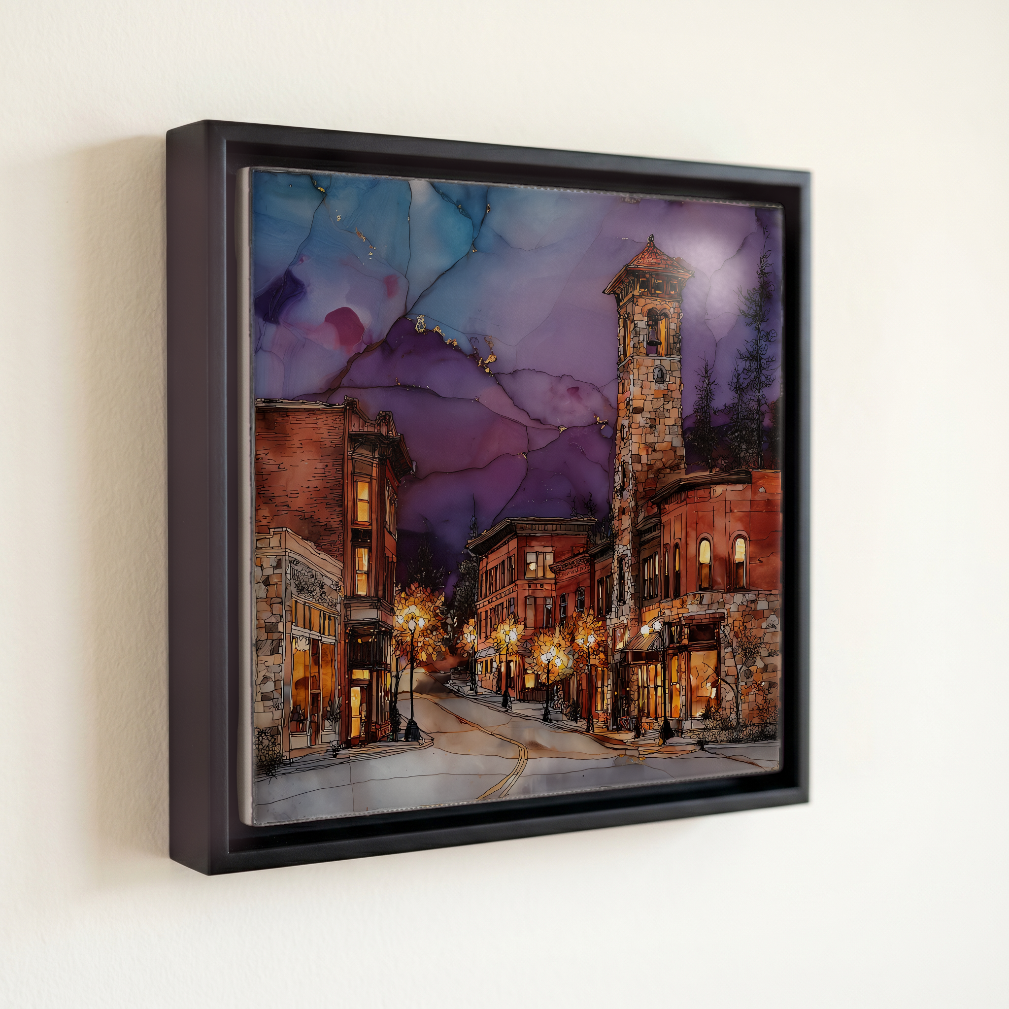 shown in a slim black floating frame · 6 × 6 in