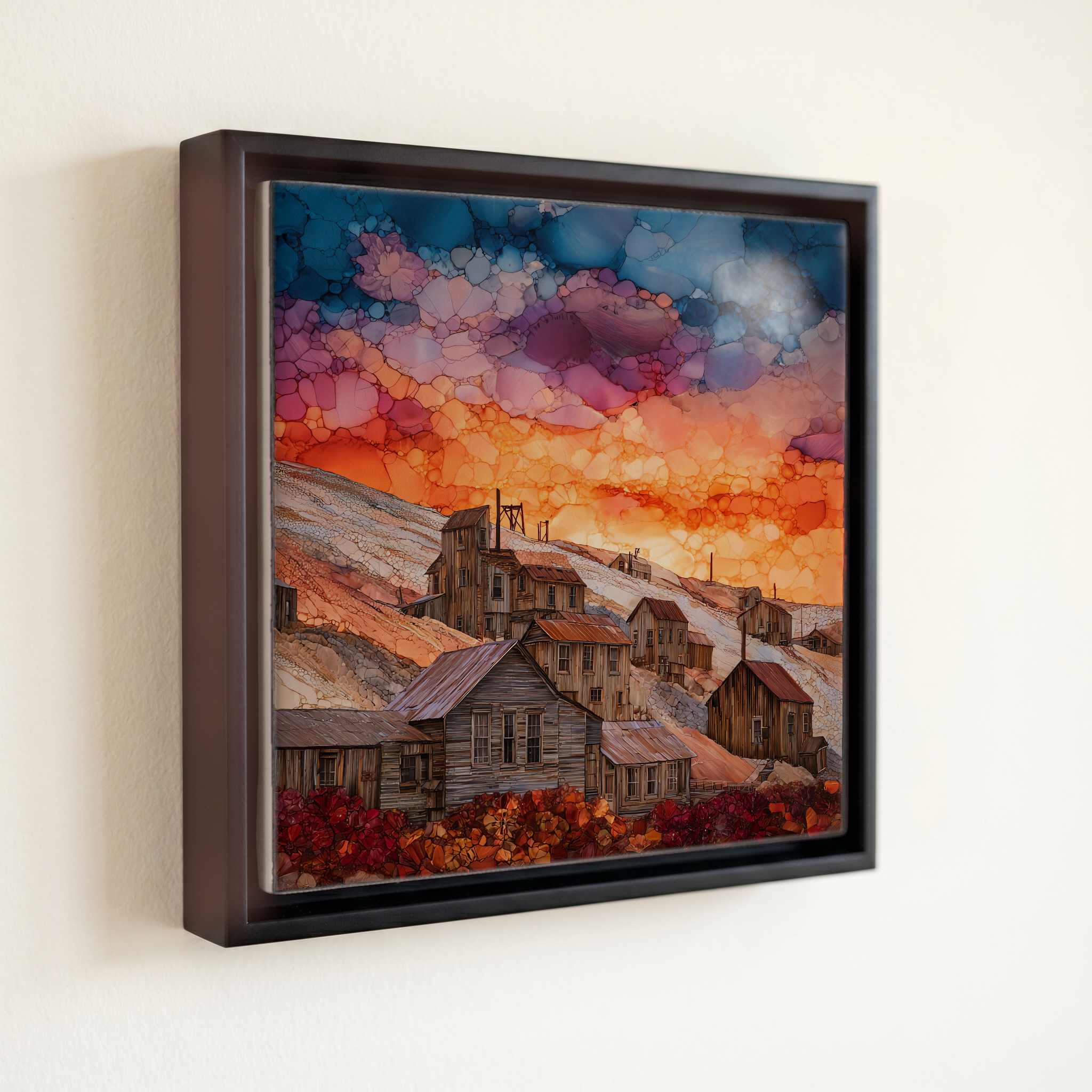 shown in a slim black floating frame · 6 × 6 in