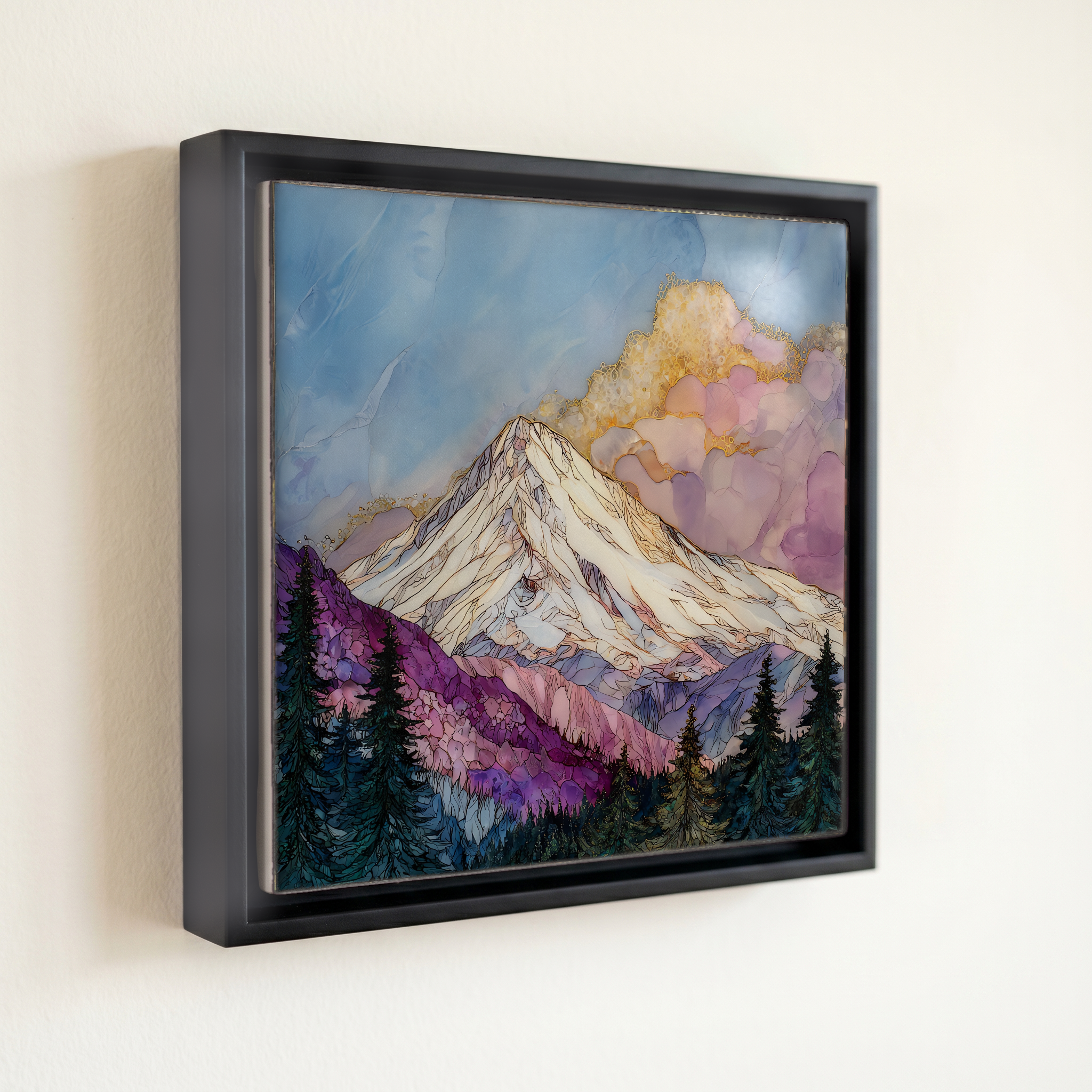 shown in a slim black floating frame · 6 × 6 in