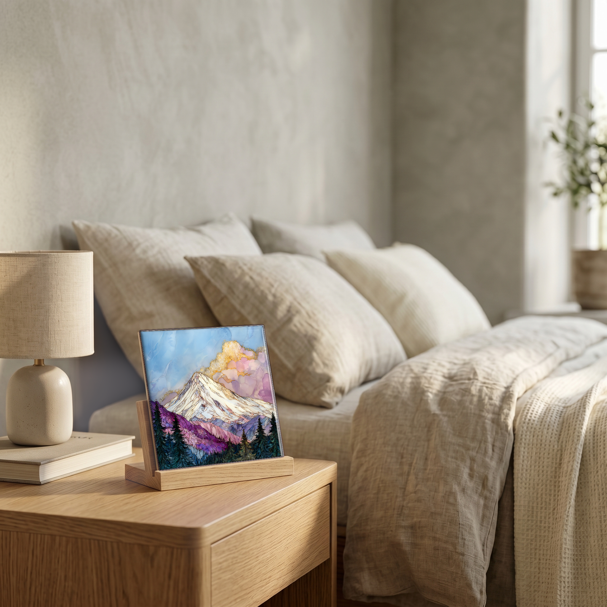 On the nightstand, on a light oak stand.