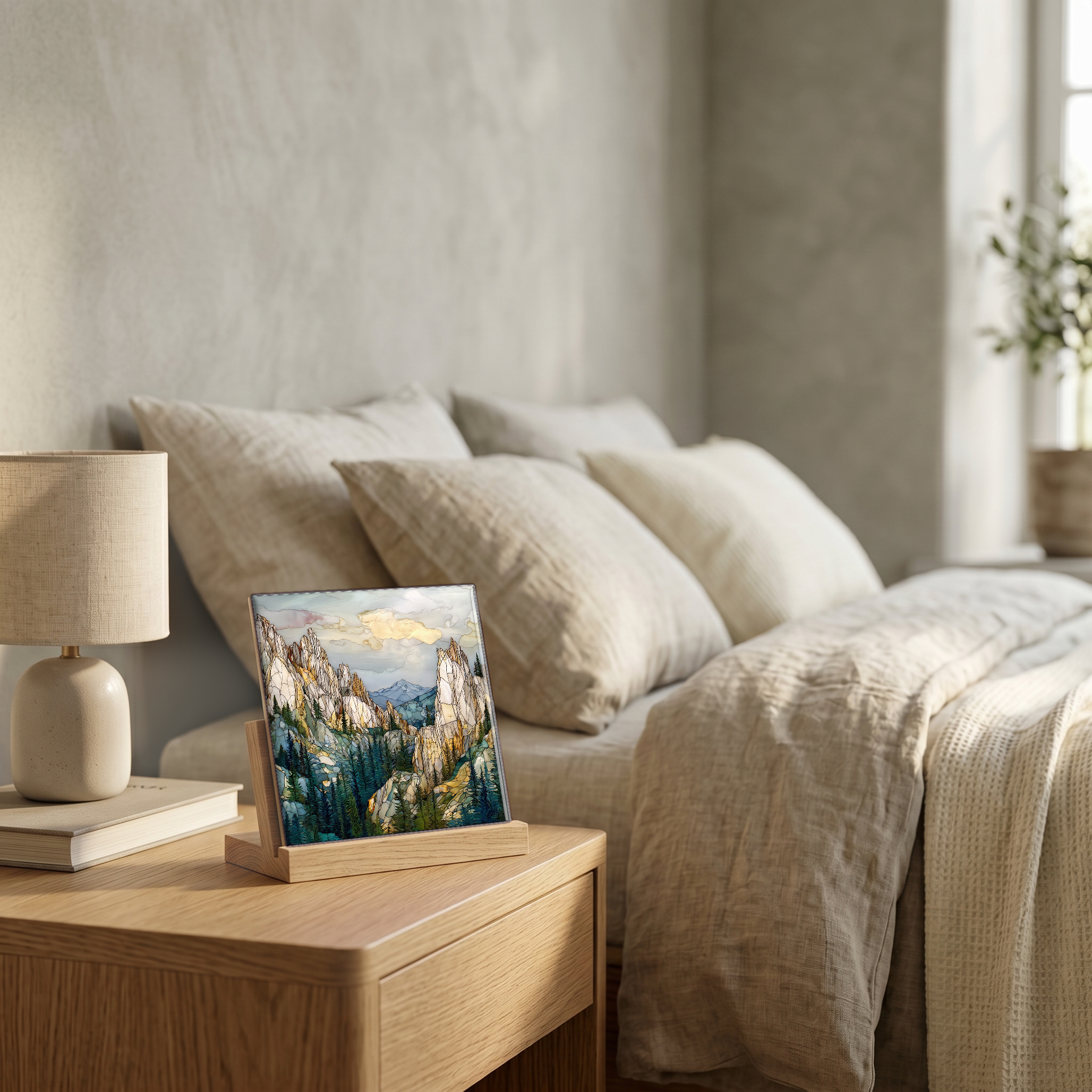 On the nightstand, on a light oak stand.