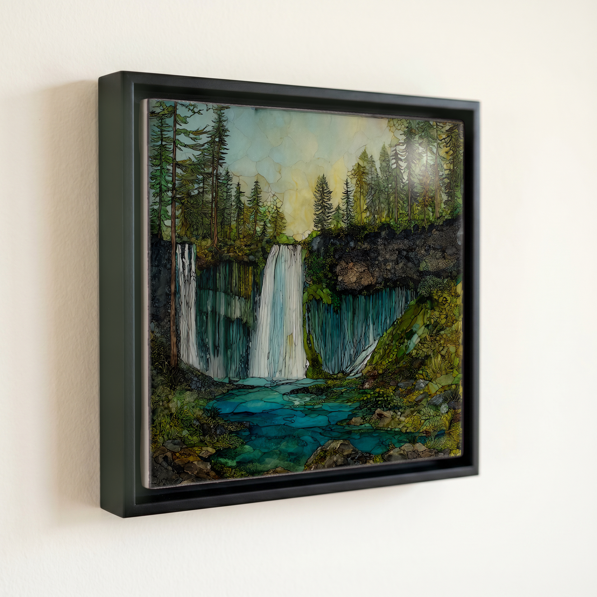 shown in a slim black floating frame · 6 × 6 in