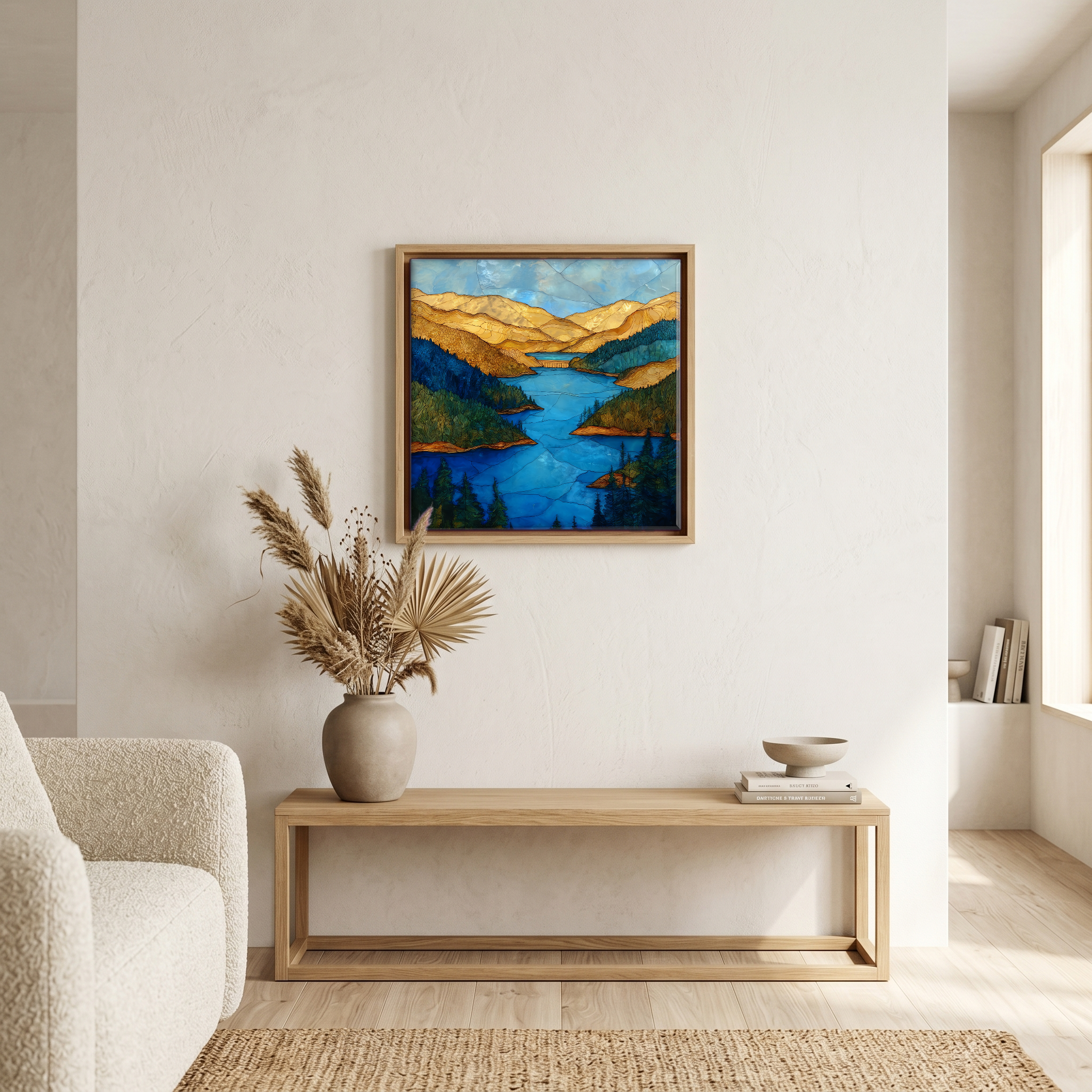 Above the bench, in a warm oak surround.