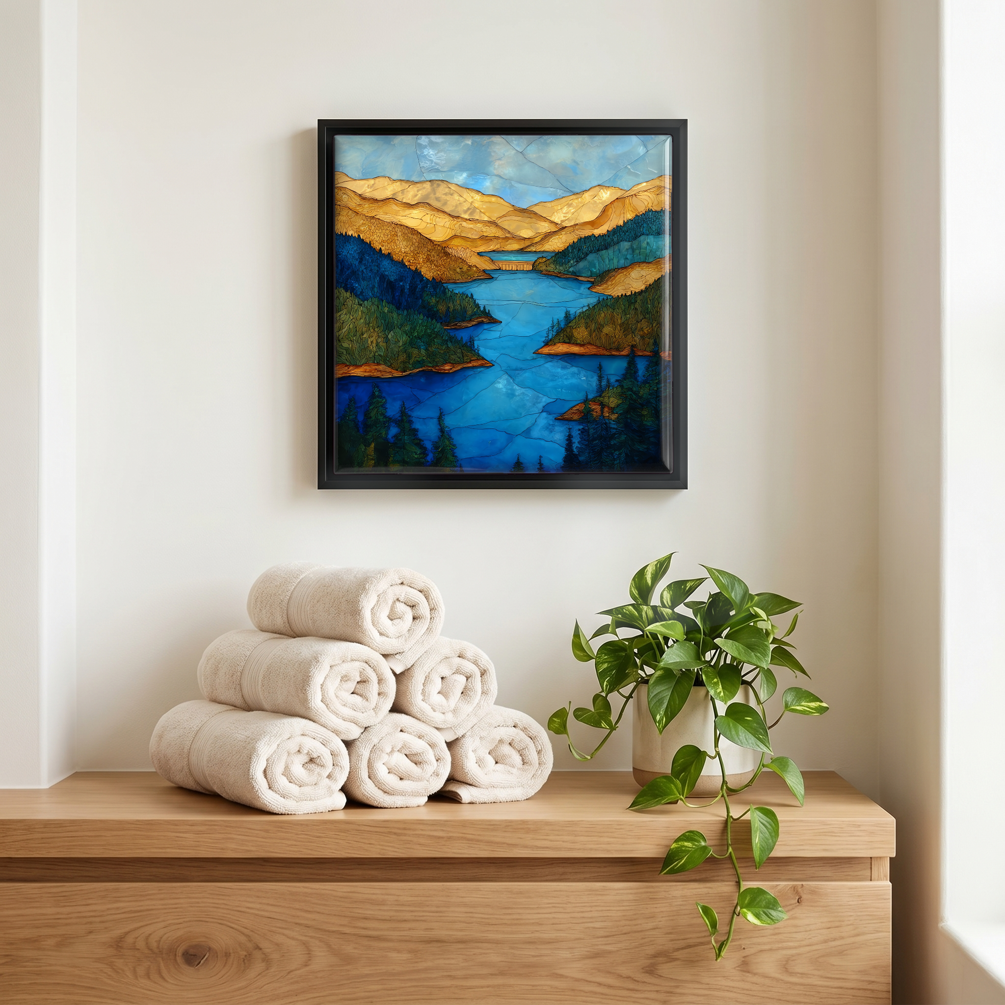Above the linens, in a slim black surround.
