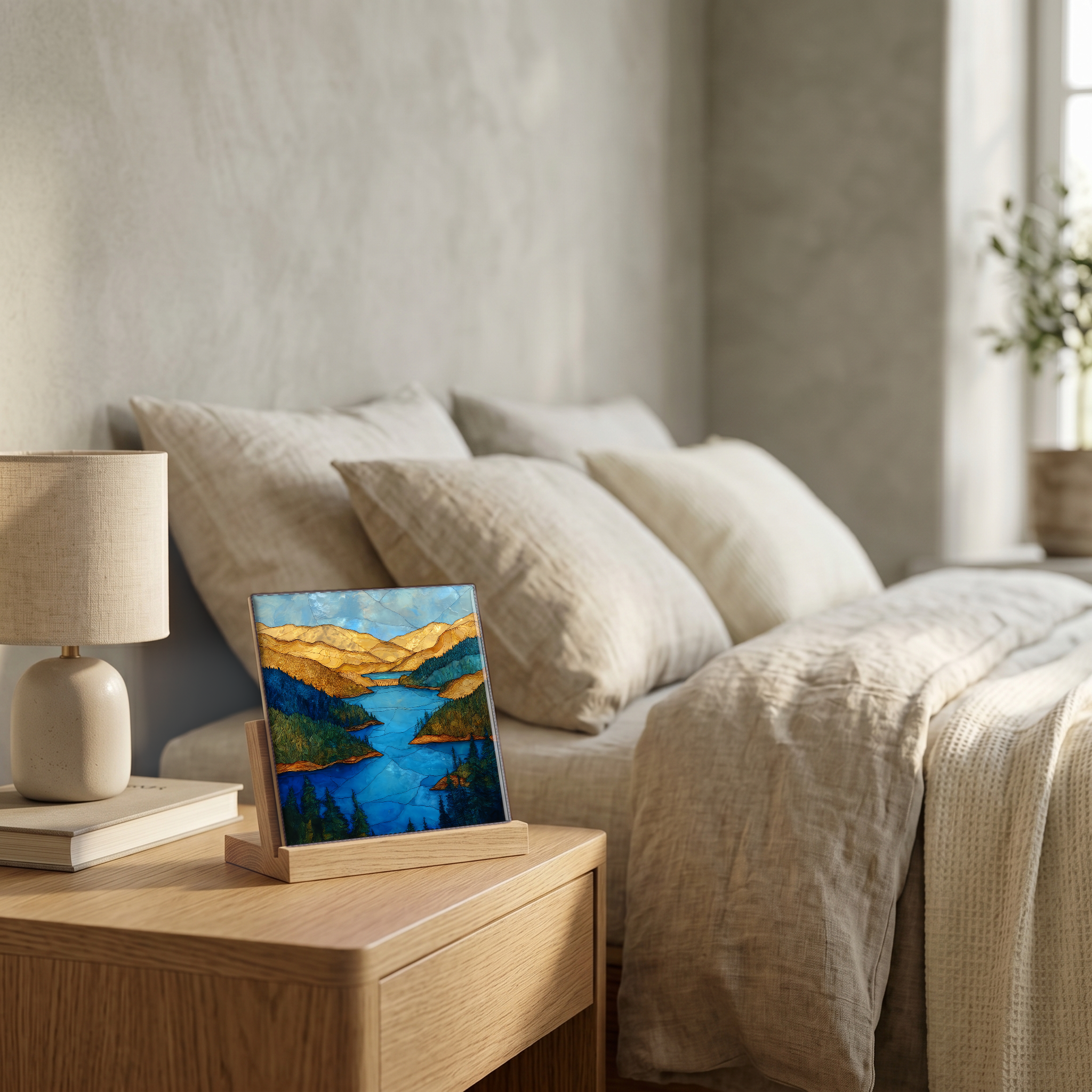 On the nightstand, on a light oak stand.