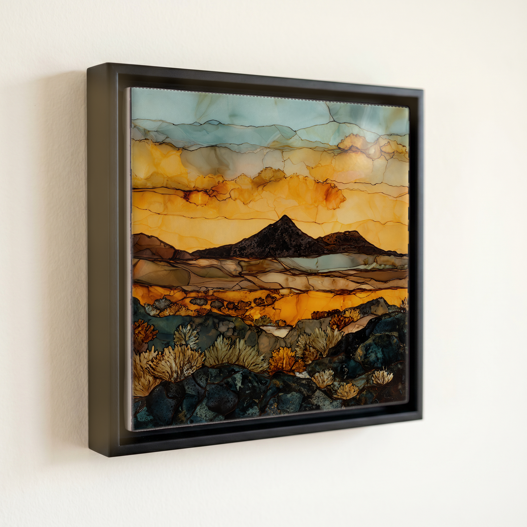 shown in a slim black floating frame · 6 × 6 in