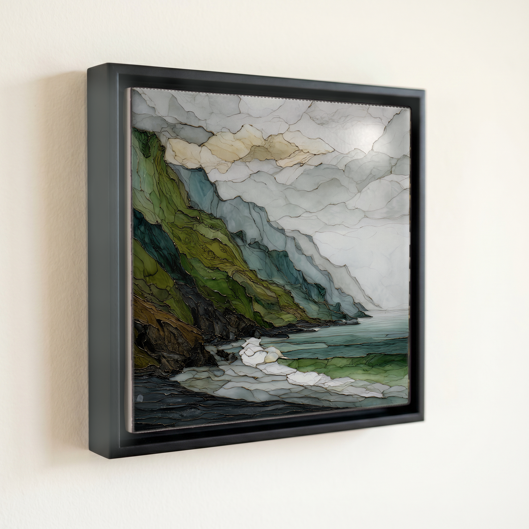 shown in a slim black floating frame · 6 × 6 in
