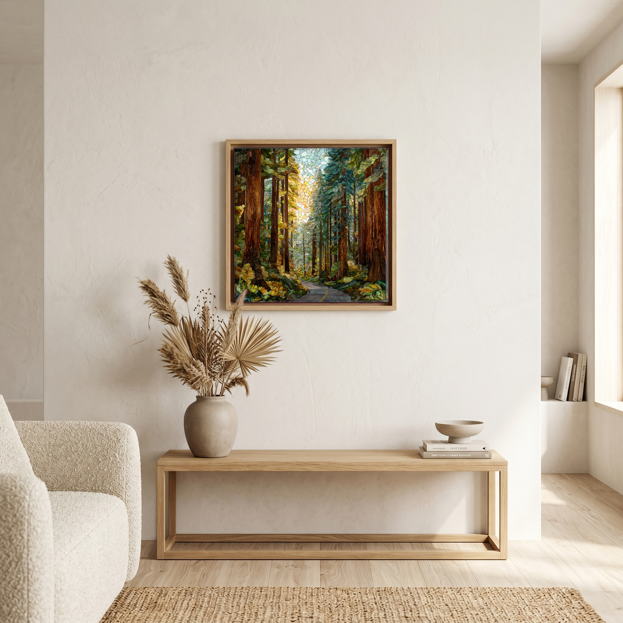 Above the bench, in a warm oak surround.