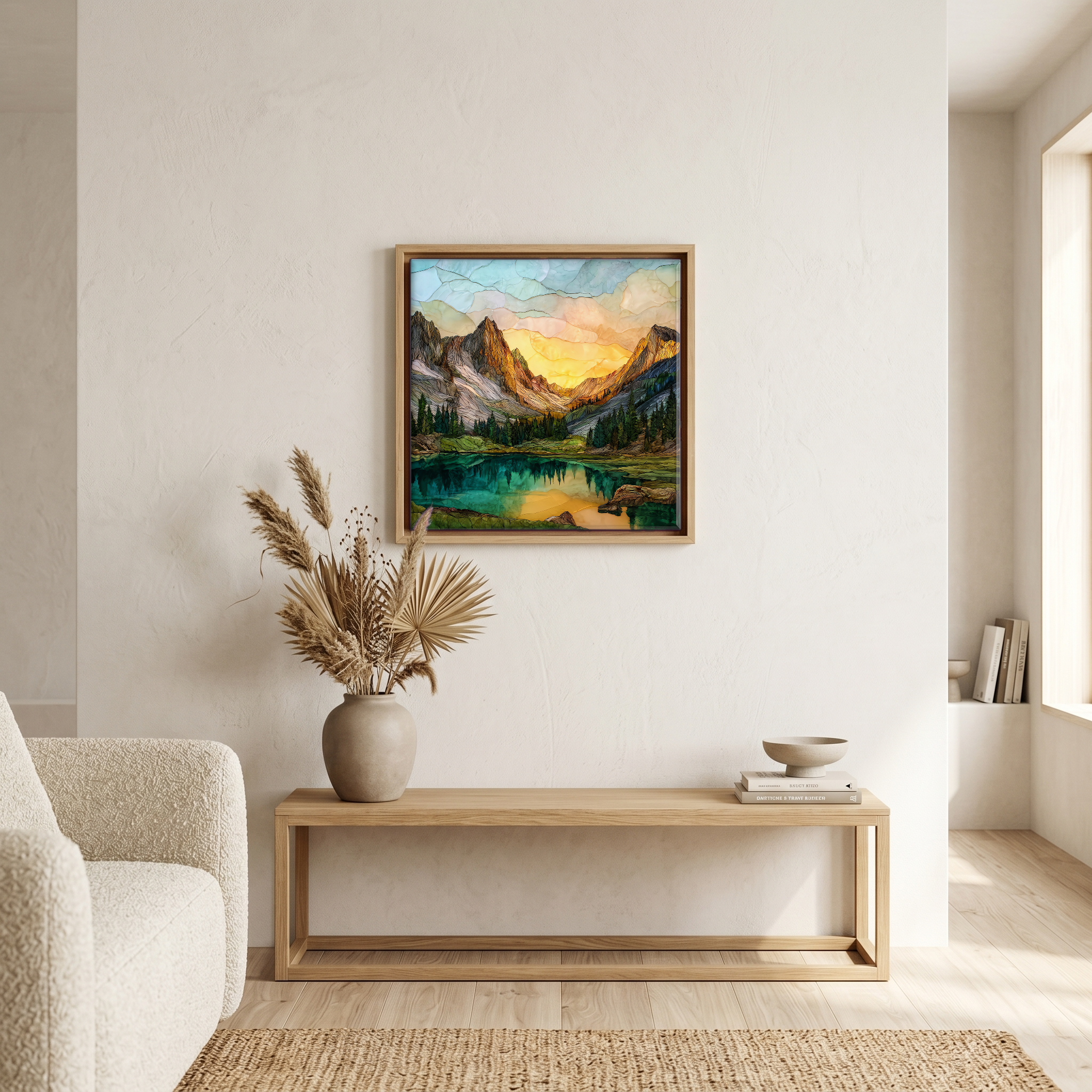 Above the bench, in a warm oak surround.