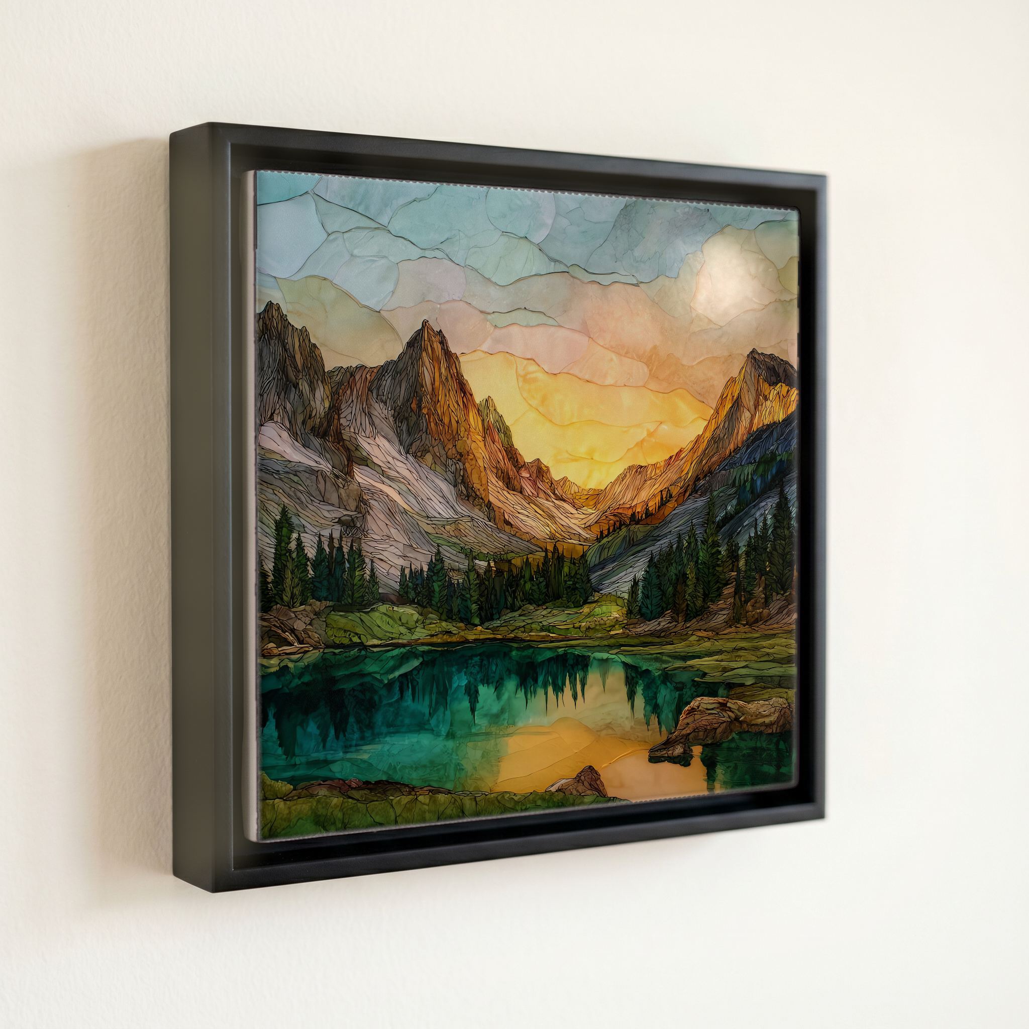 shown in a slim black floating frame · 6 × 6 in