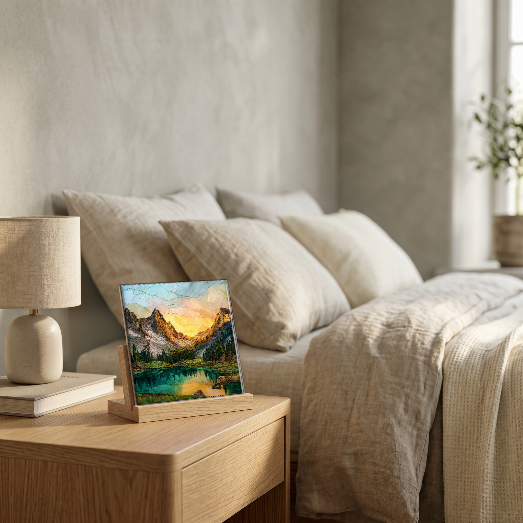 On the nightstand, on a light oak stand.