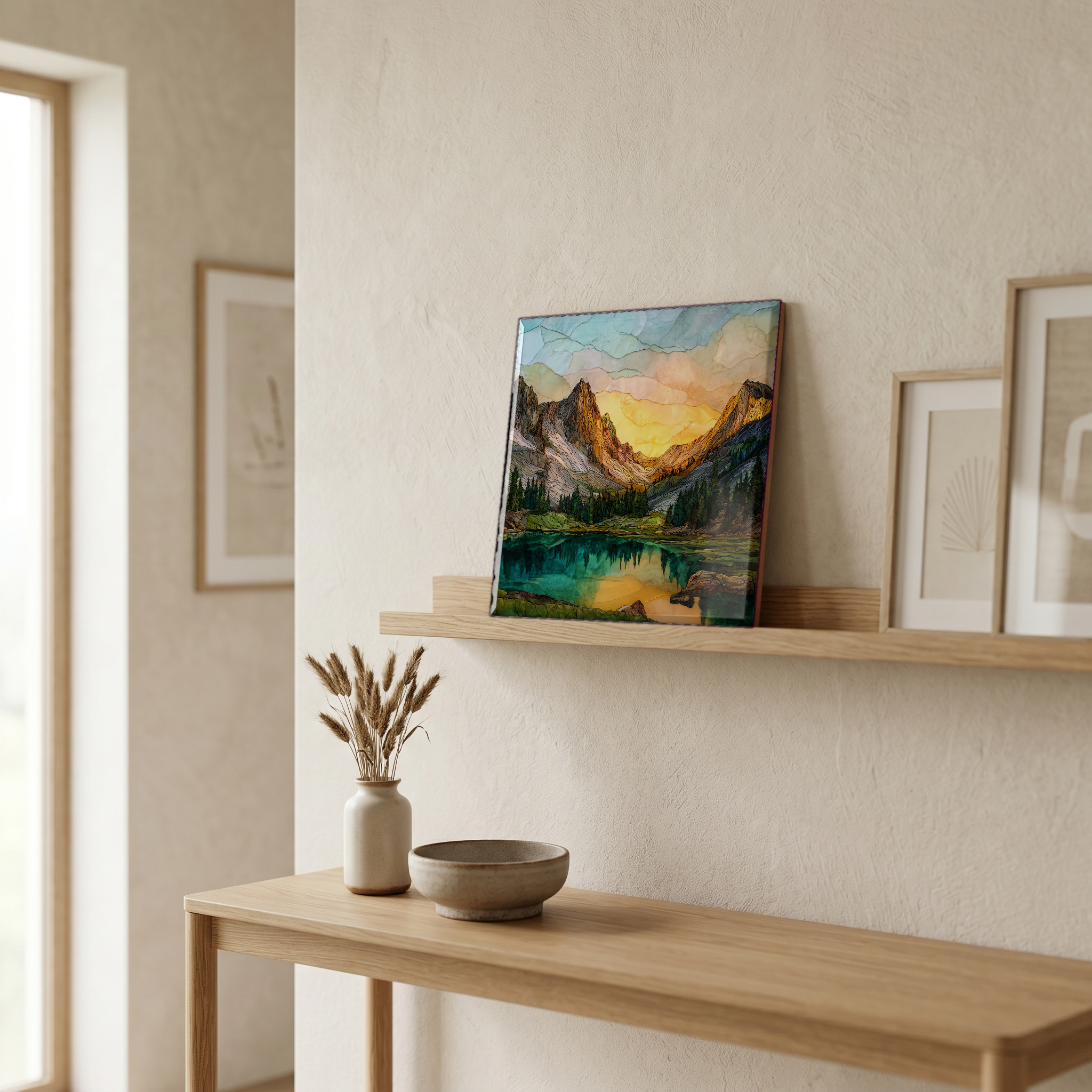 On a picture ledge, where the light comes in.
