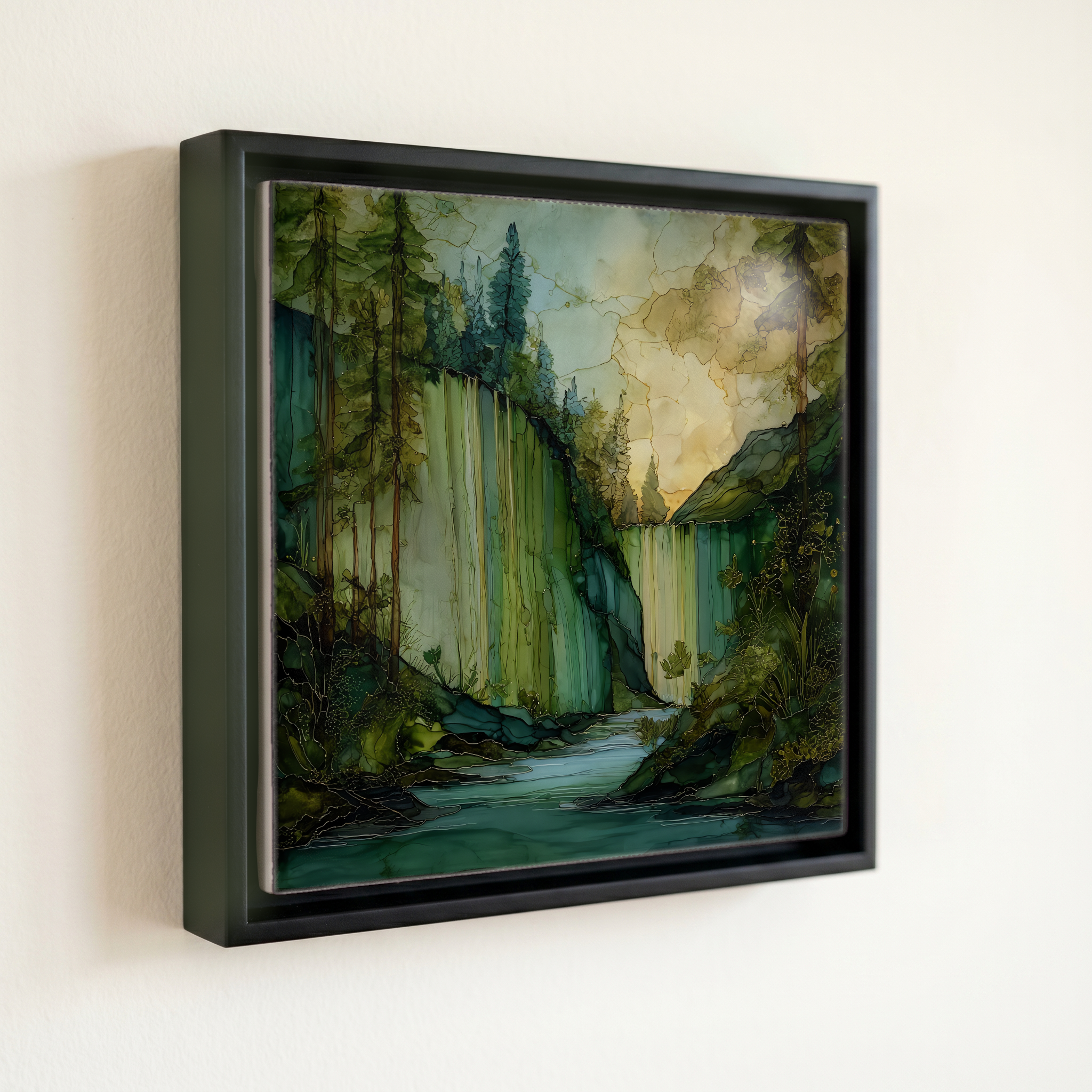 shown in a slim black floating frame · 6 × 6 in