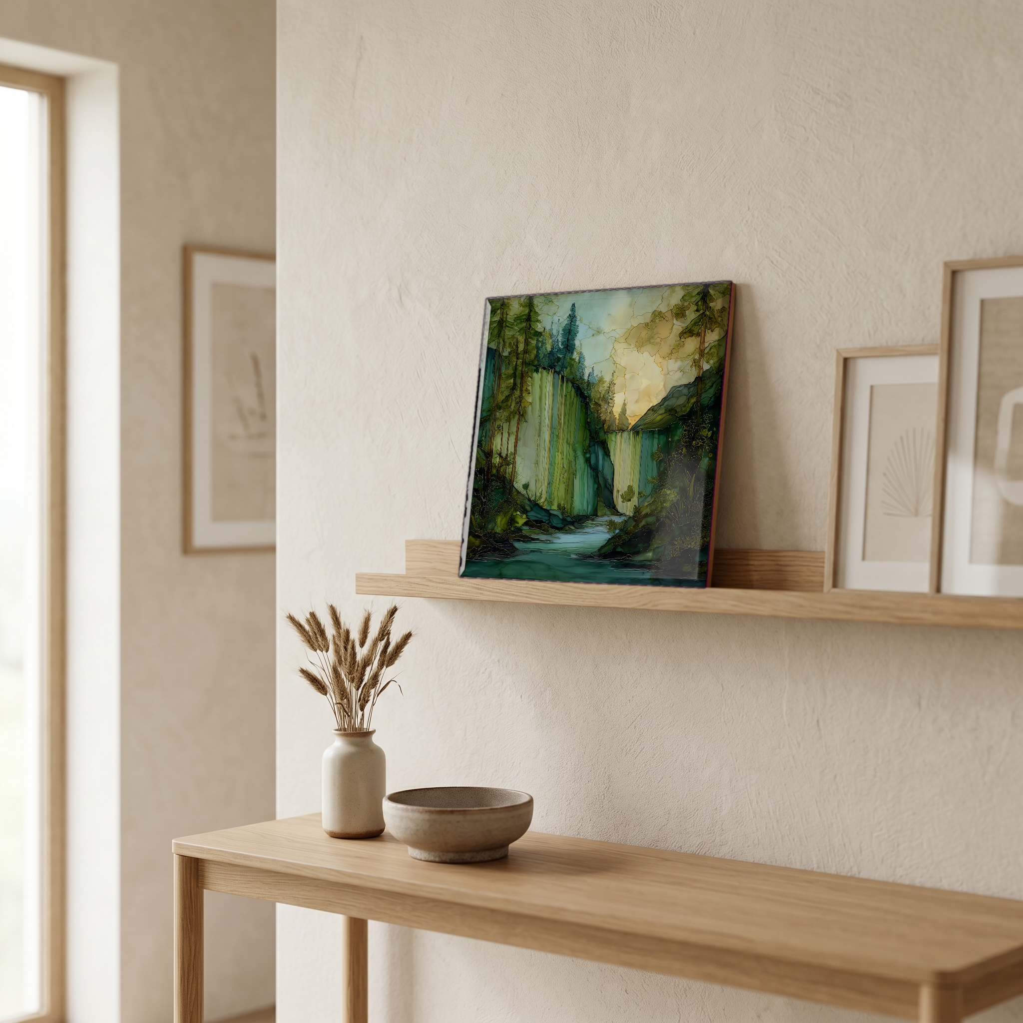 On a picture ledge, where the light comes in.