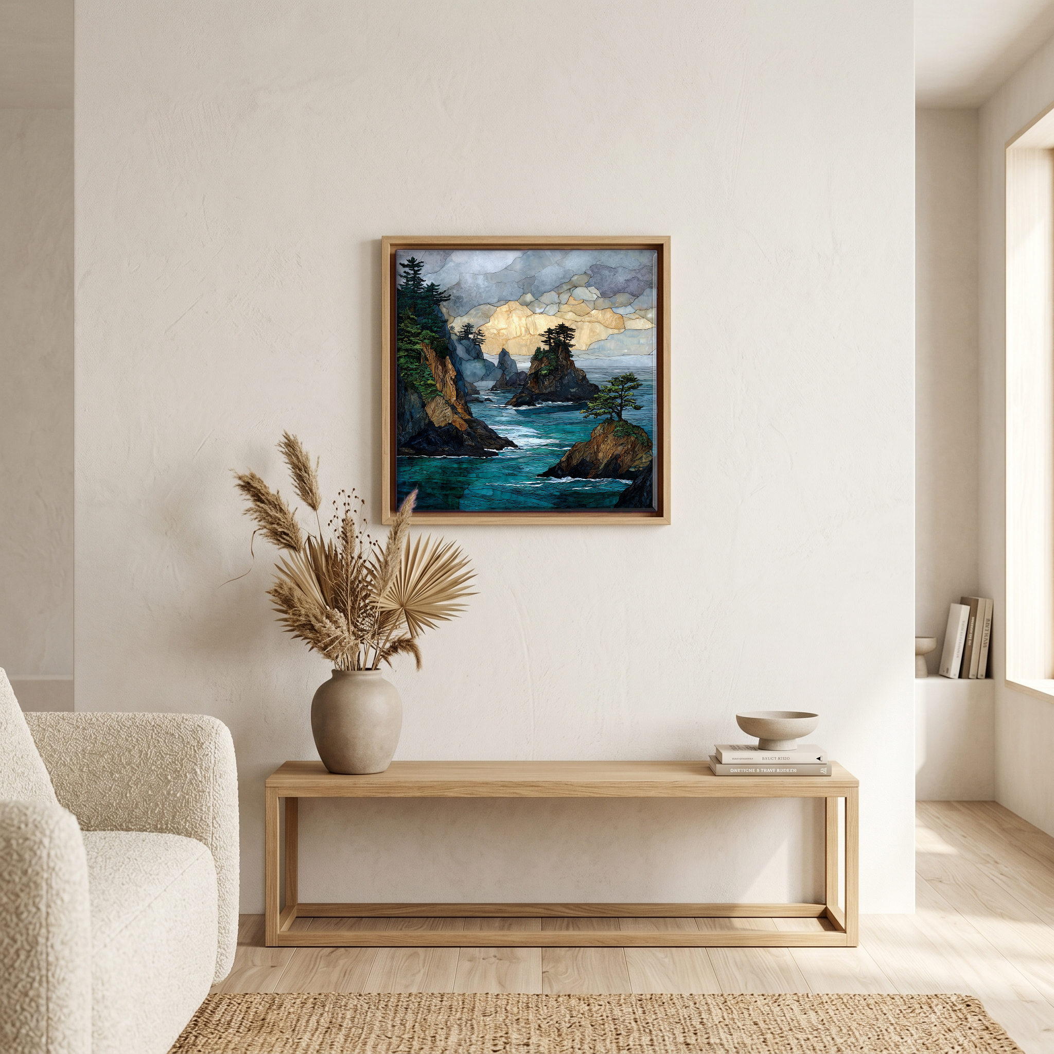 Above the bench, in a warm oak surround.