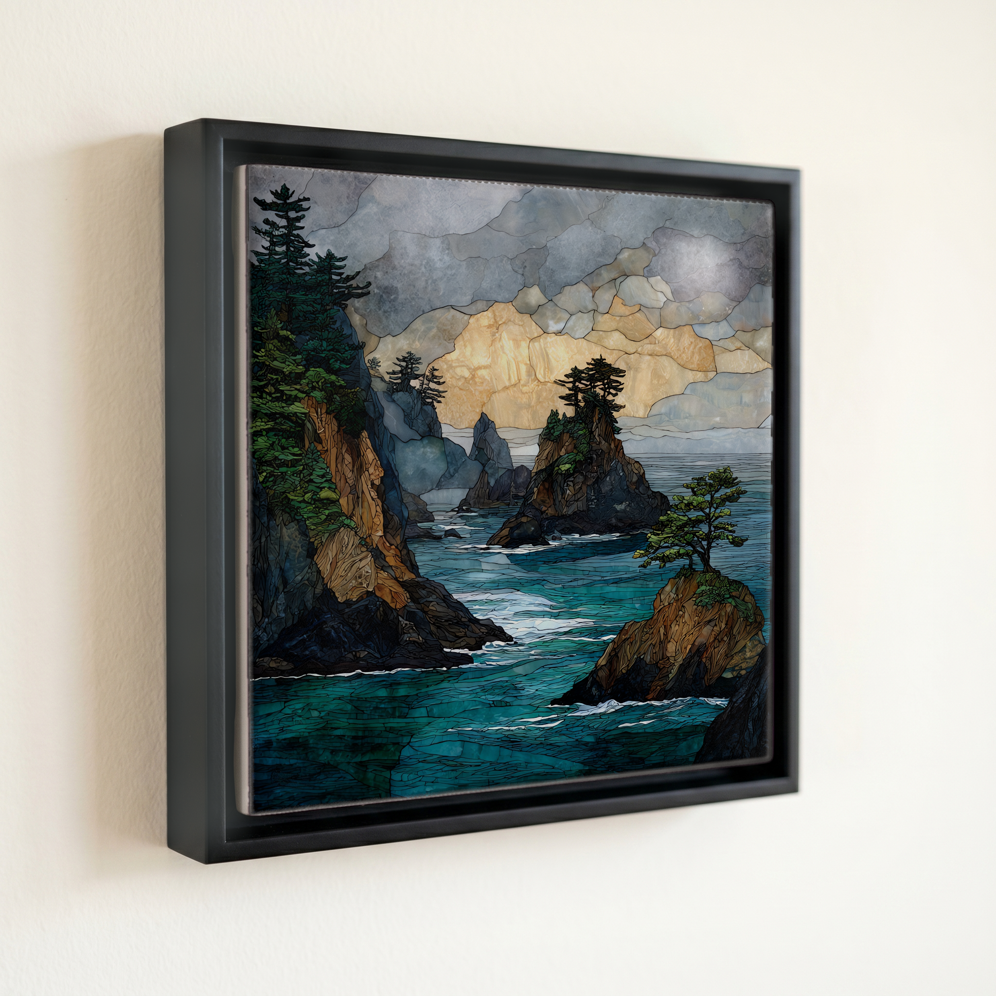 shown in a slim black floating frame · 6 × 6 in
