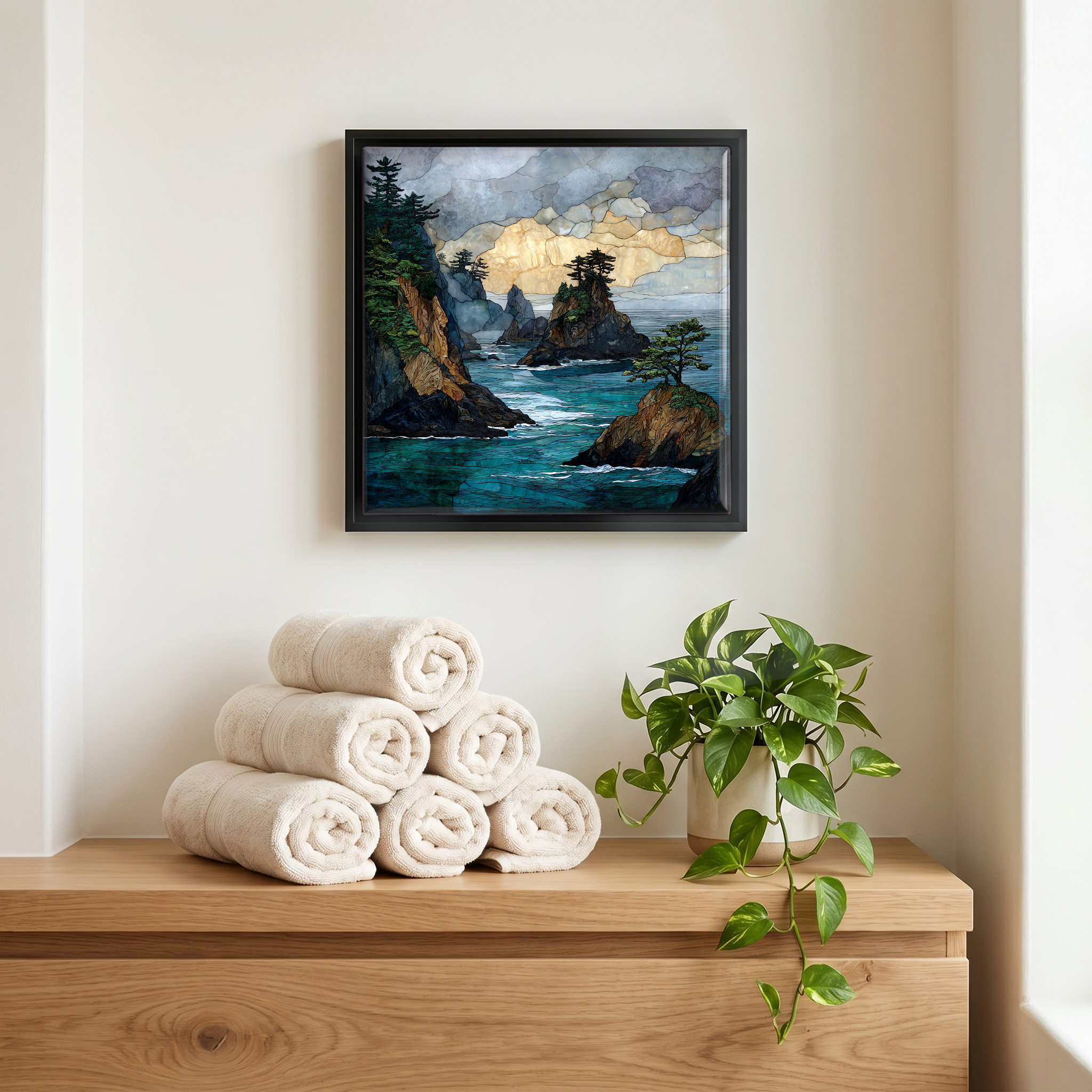 Above the linens, in a slim black surround.