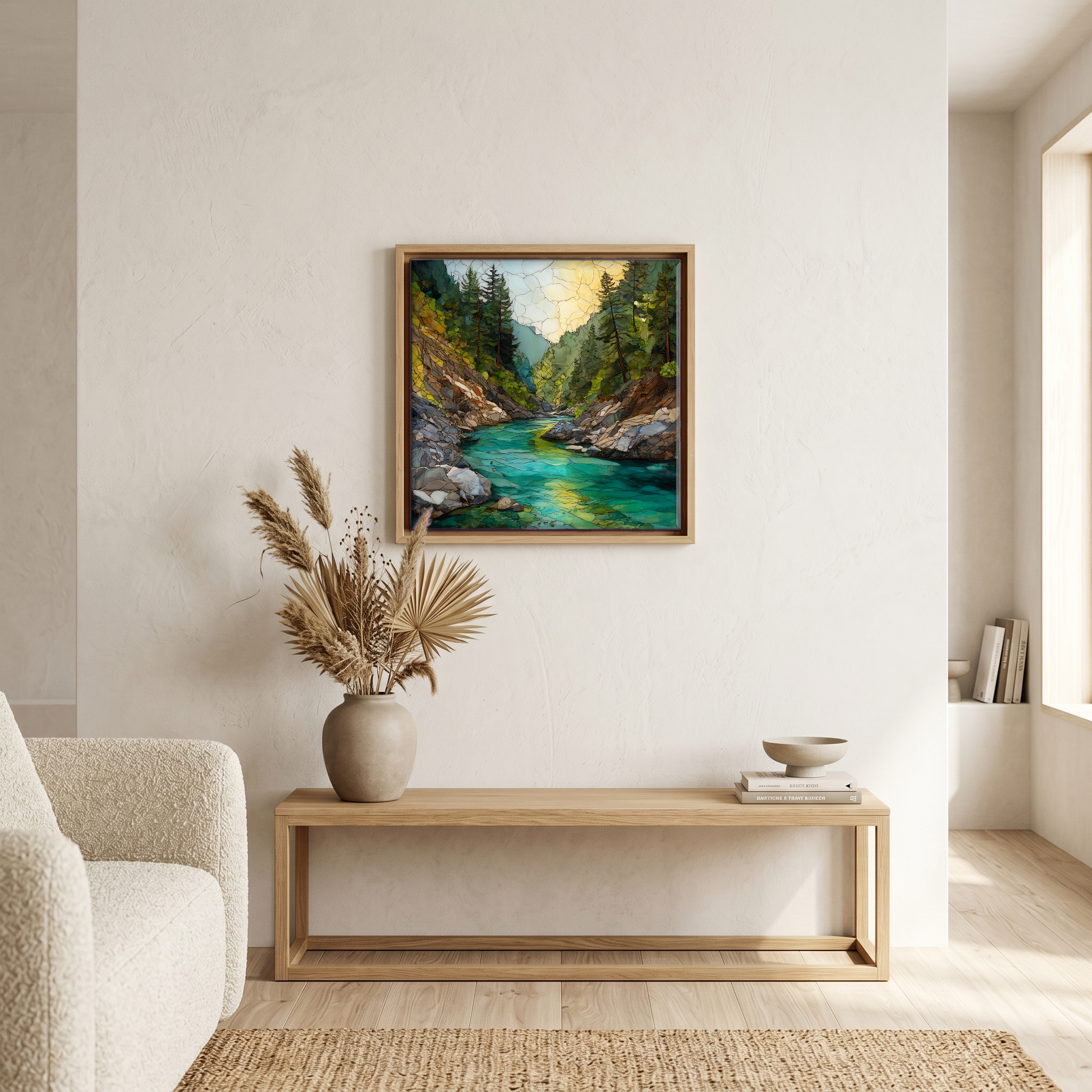 Above the bench, in a warm oak surround.