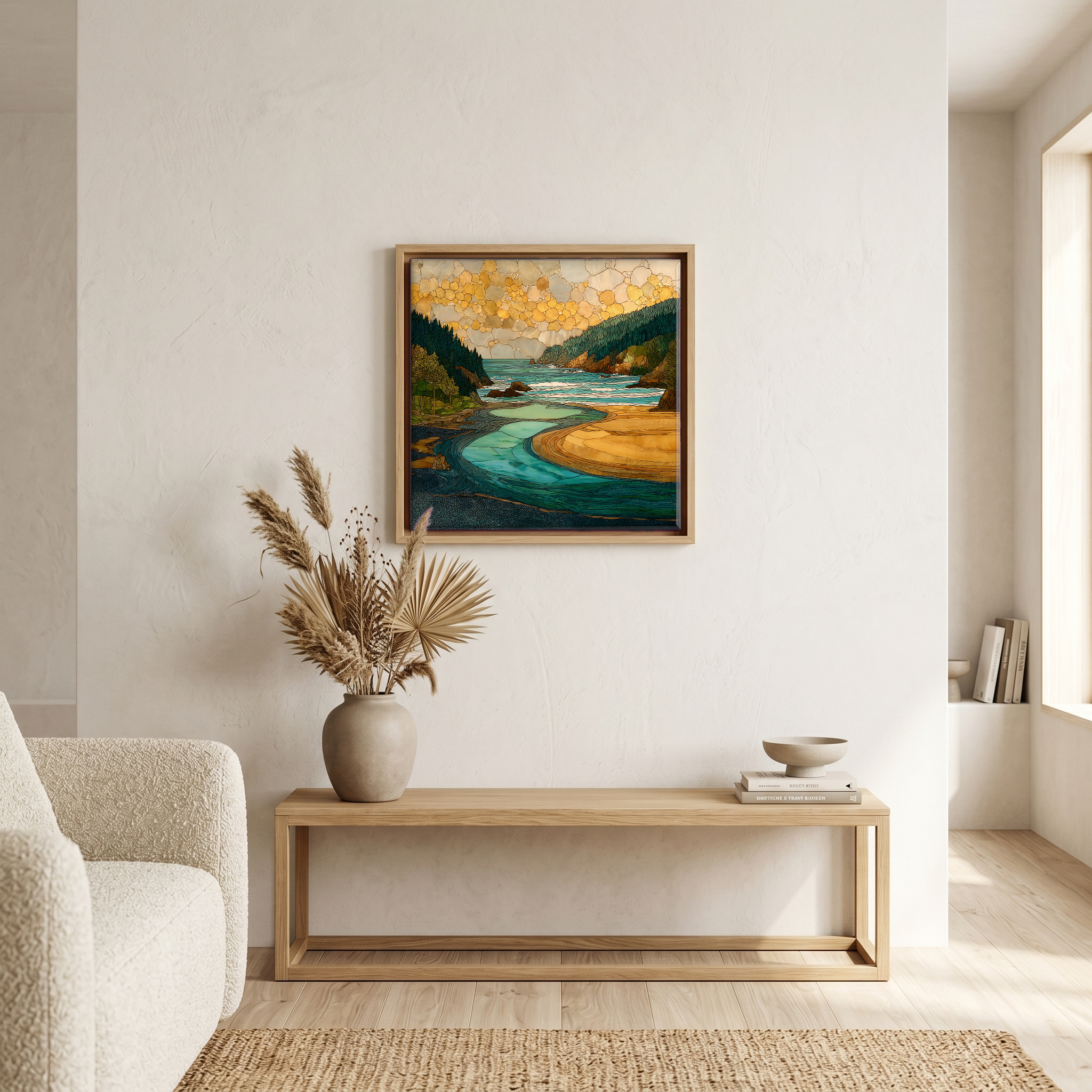 Above the bench, in a warm oak surround.