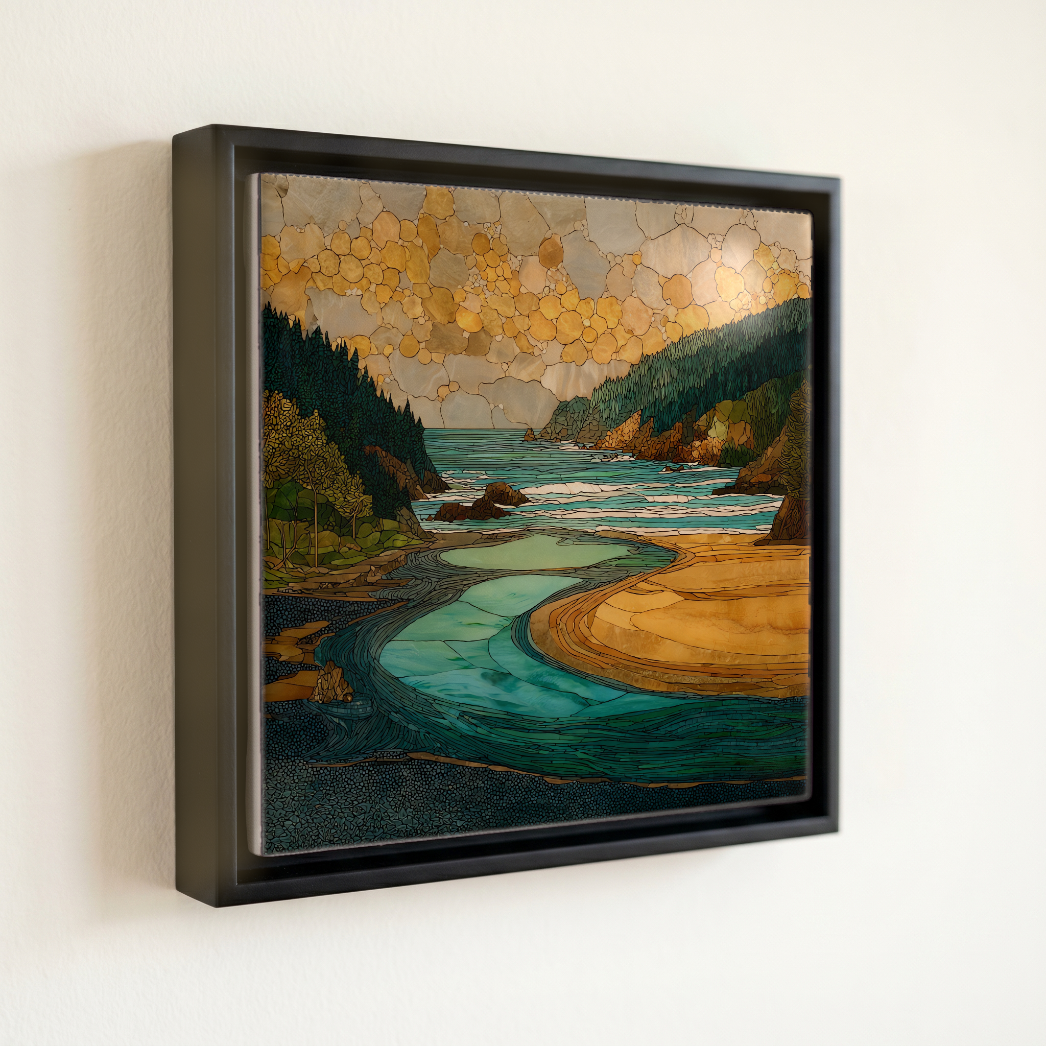 shown in a slim black floating frame · 6 × 6 in
