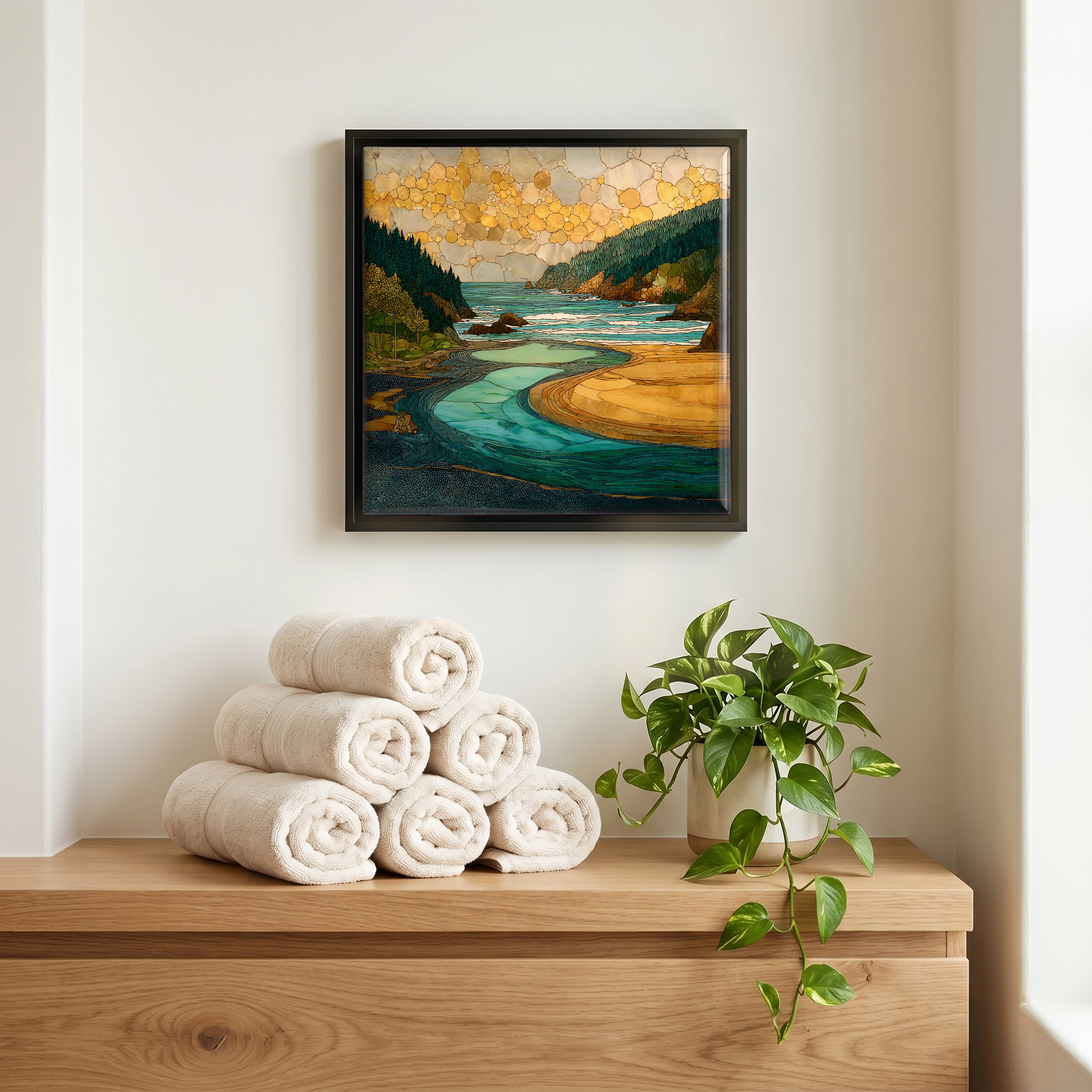 Above the linens, in a slim black surround.