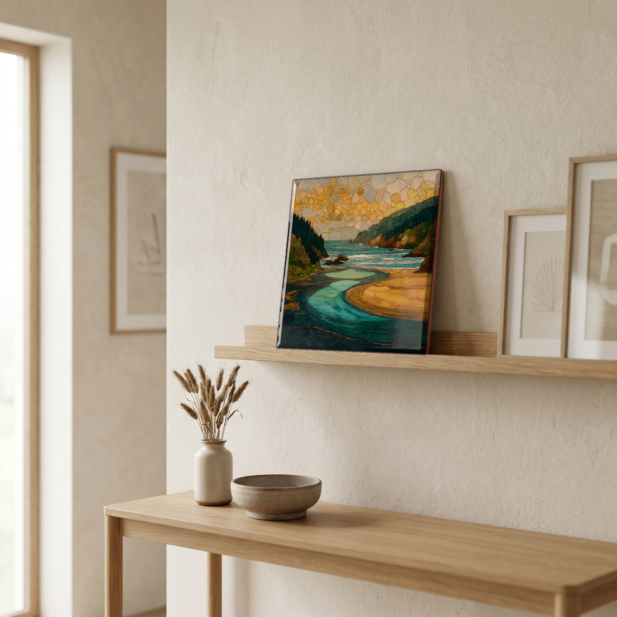 On a picture ledge, where the light comes in.