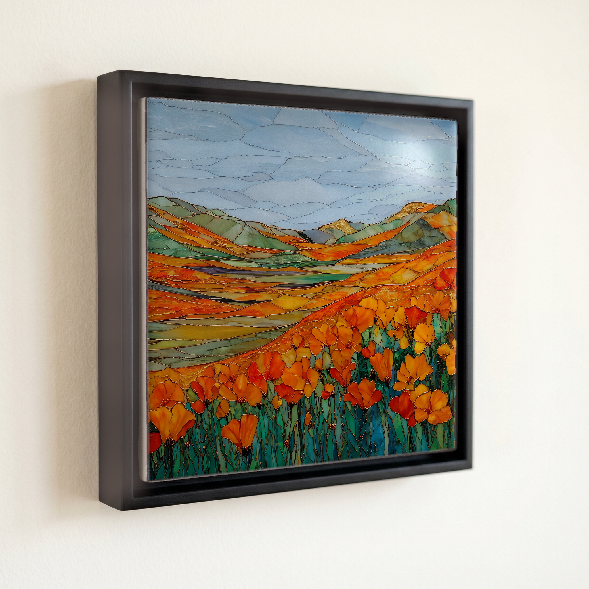 shown in a slim black floating frame · 6 × 6 in