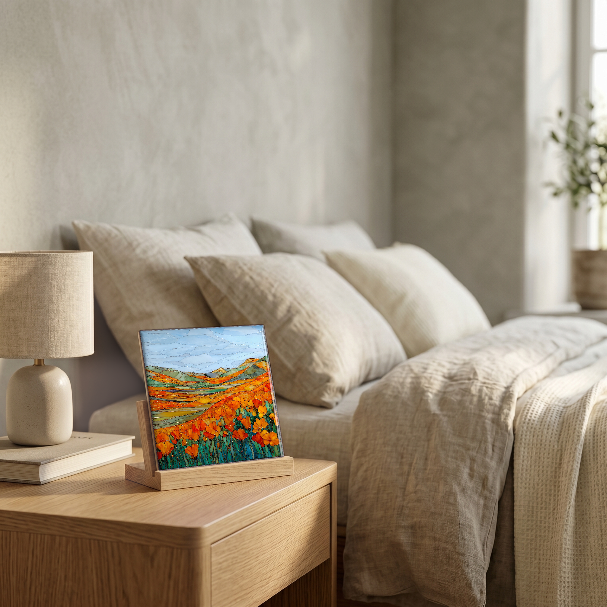 On the nightstand, on a light oak stand.