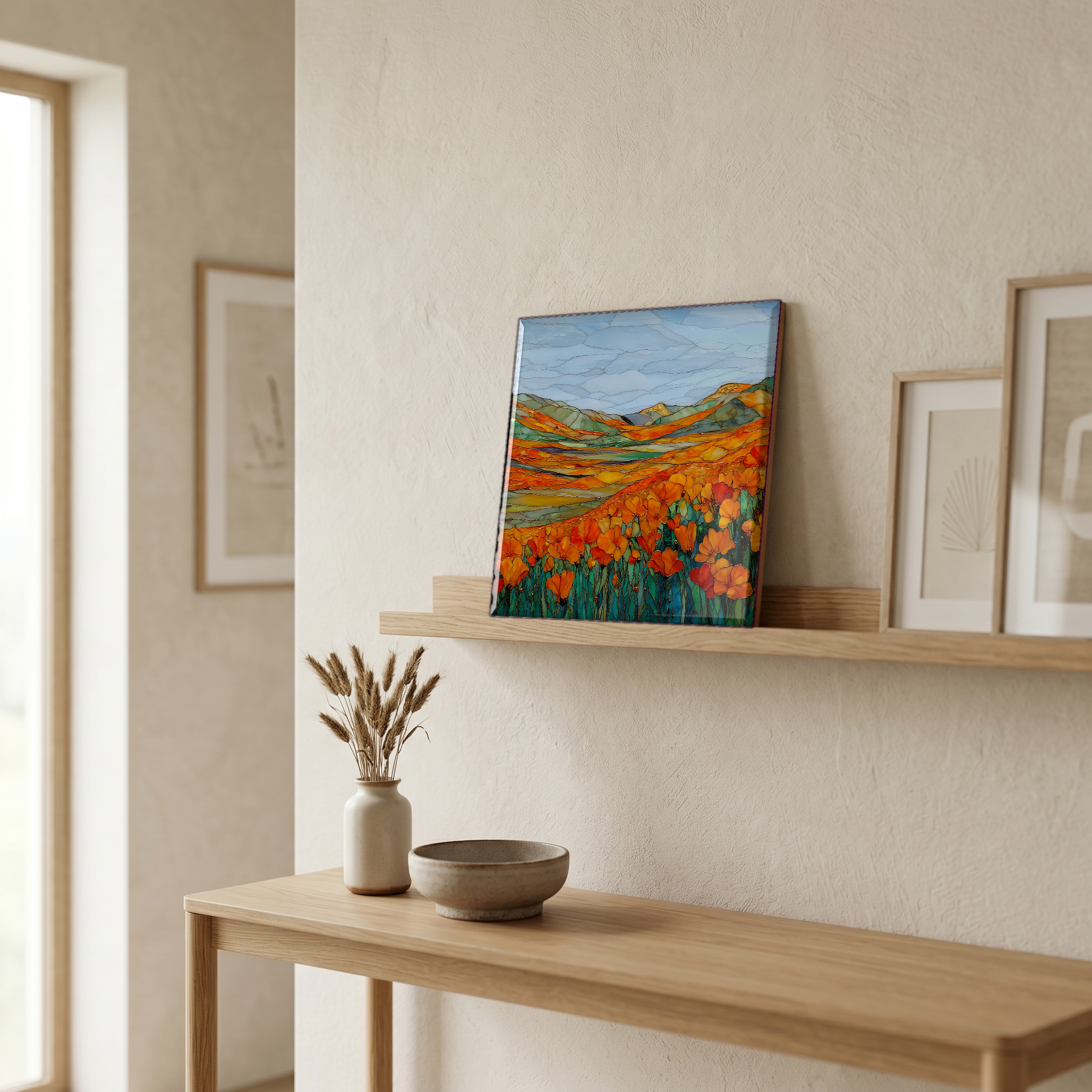 On a picture ledge, where the light comes in.