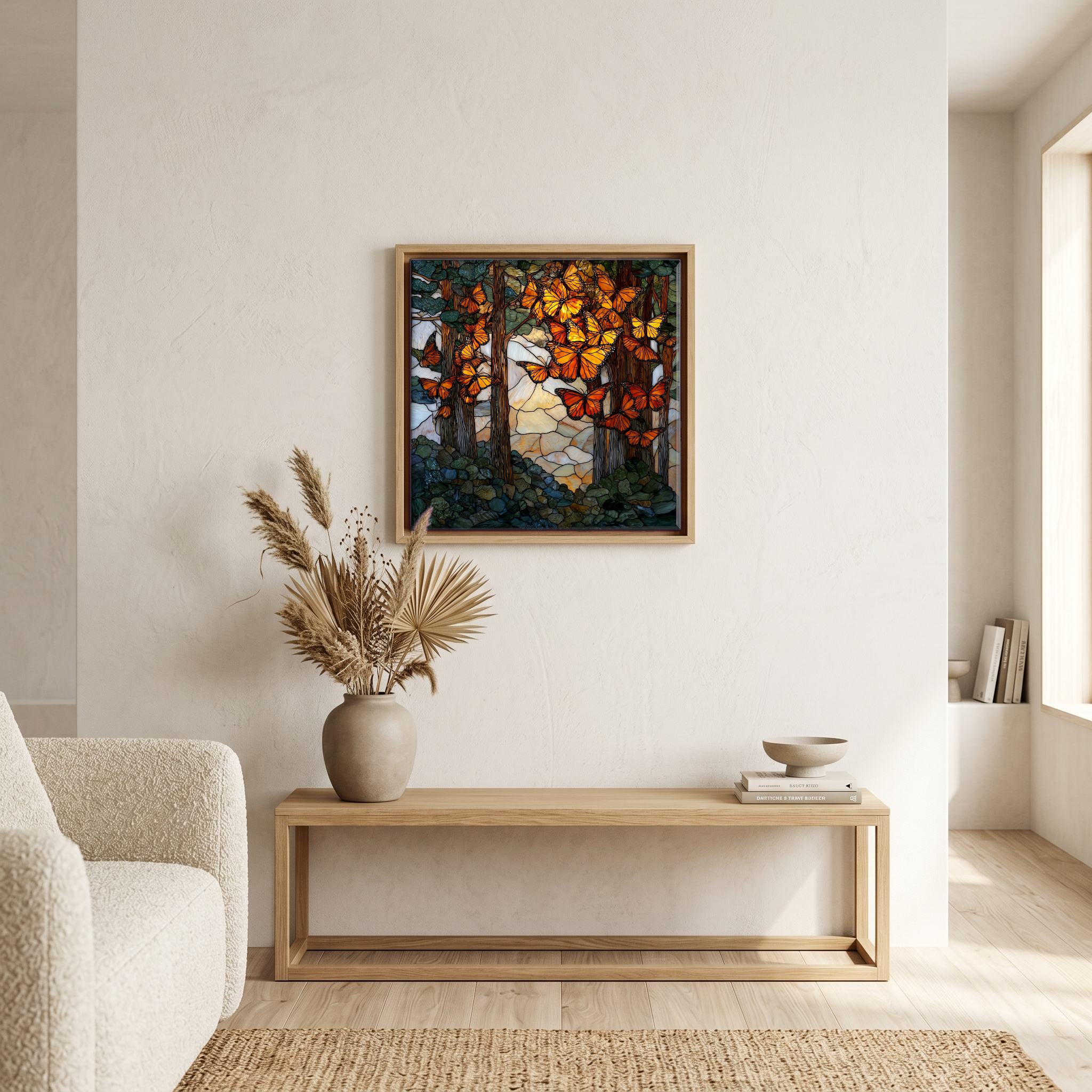 Above the bench, in a warm oak surround.