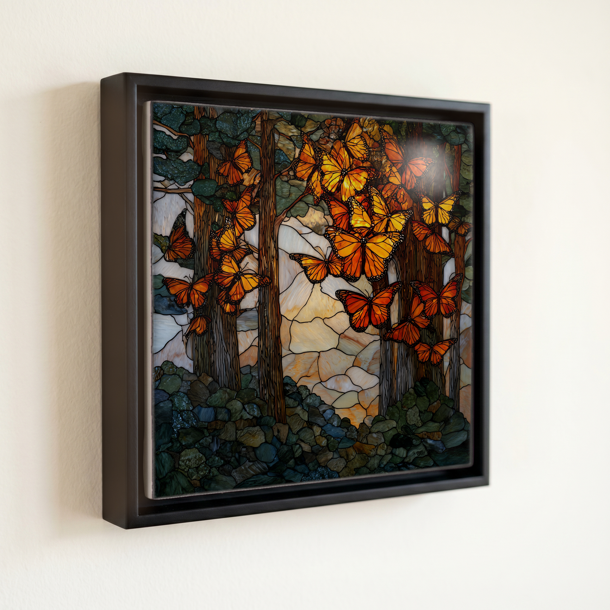 shown in a slim black floating frame · 6 × 6 in