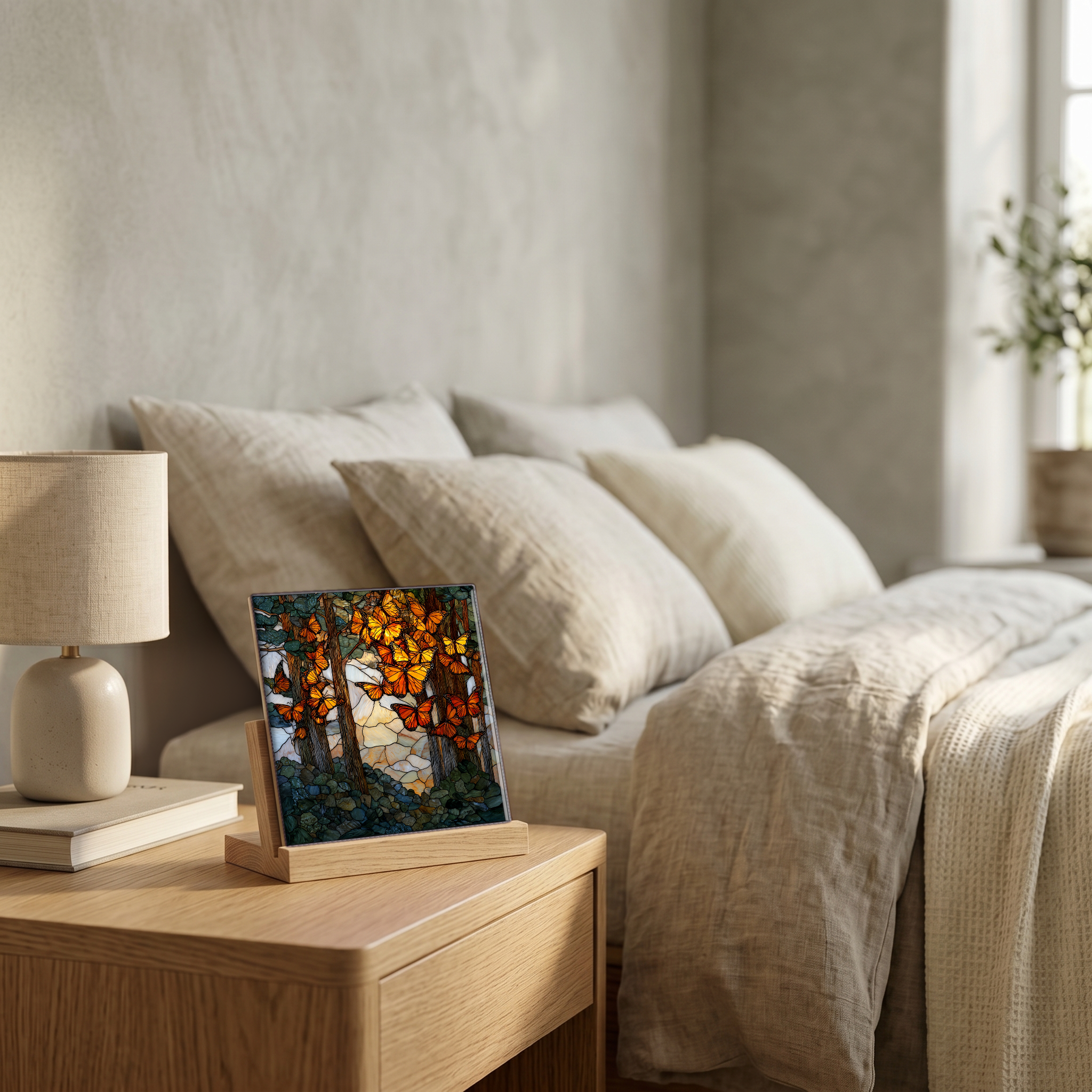 On the nightstand, on a light oak stand.
