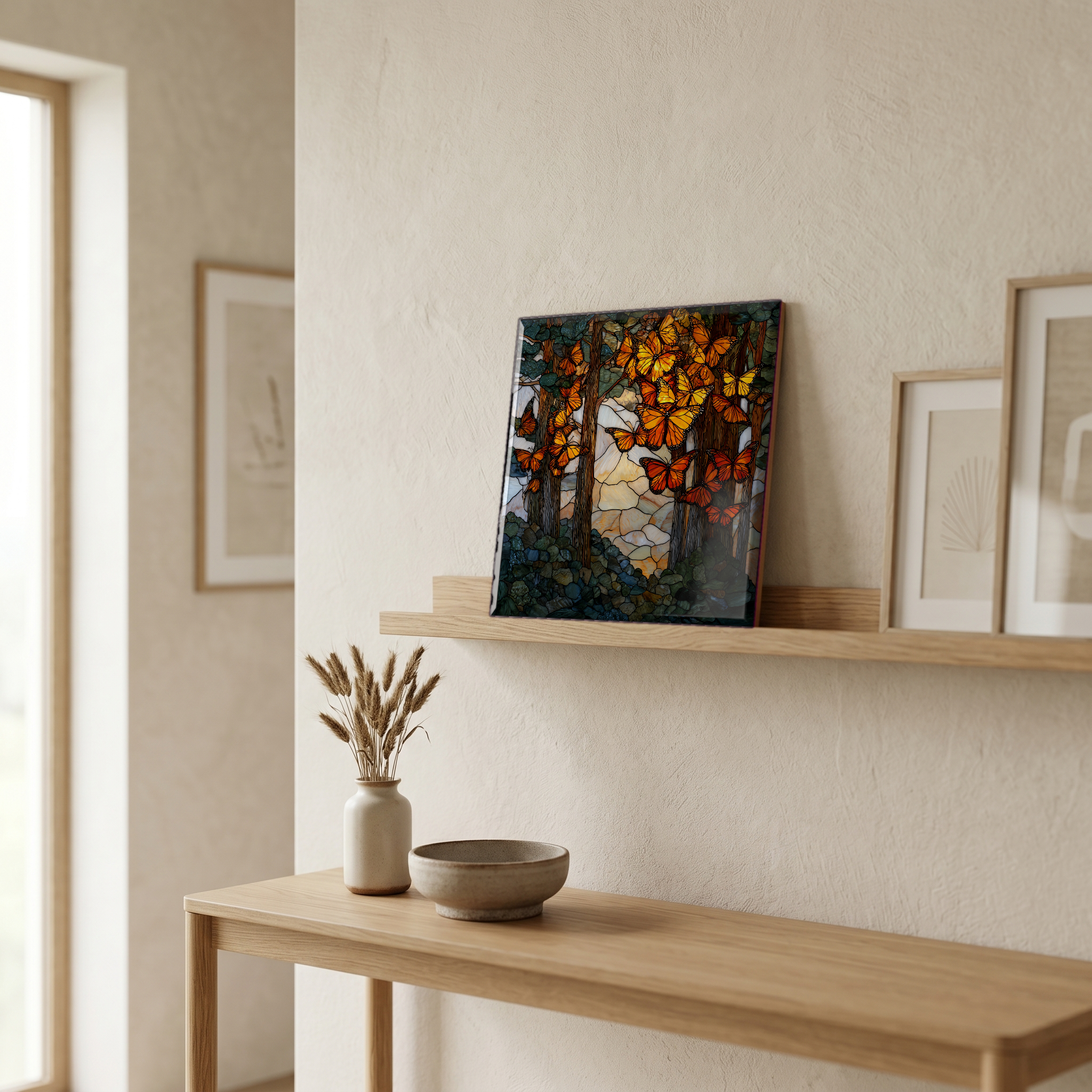 On a picture ledge, where the light comes in.