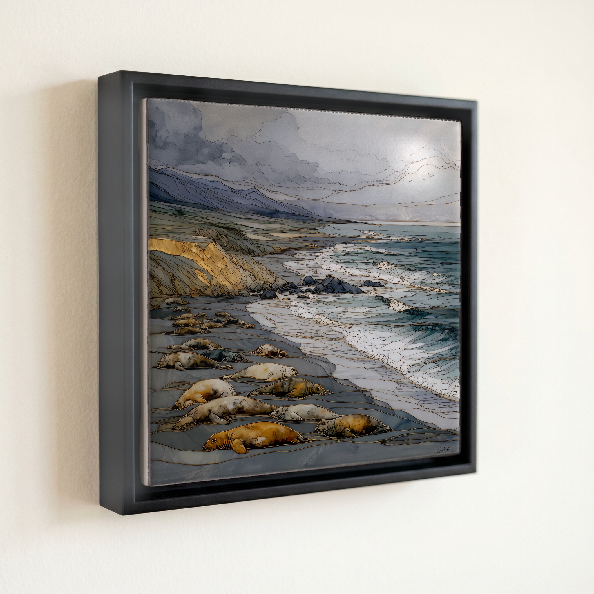 shown in a slim black floating frame · 6 × 6 in