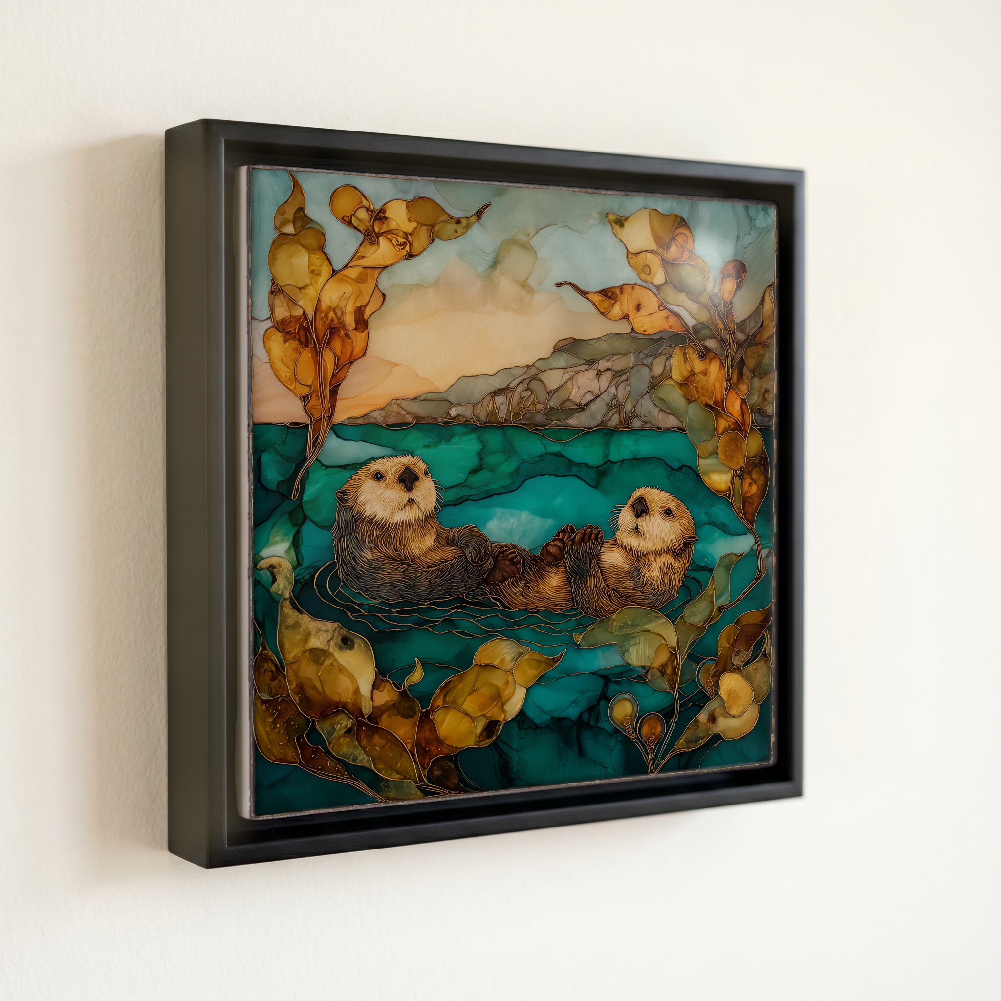 shown in a slim black floating frame · 6 × 6 in