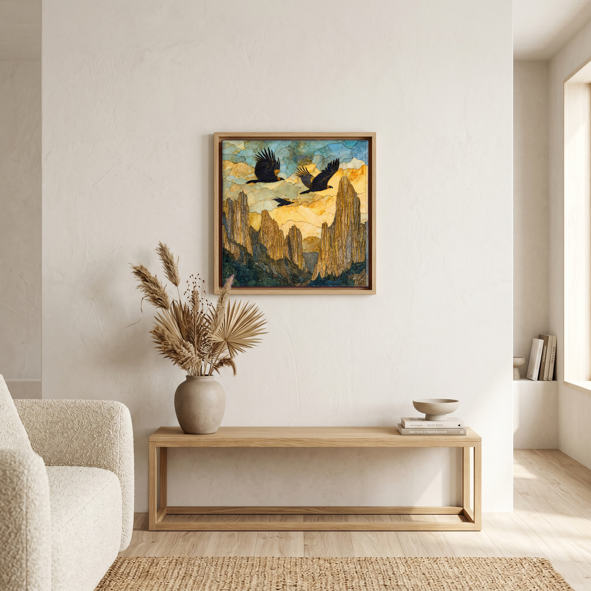 Above the bench, in a warm oak surround.