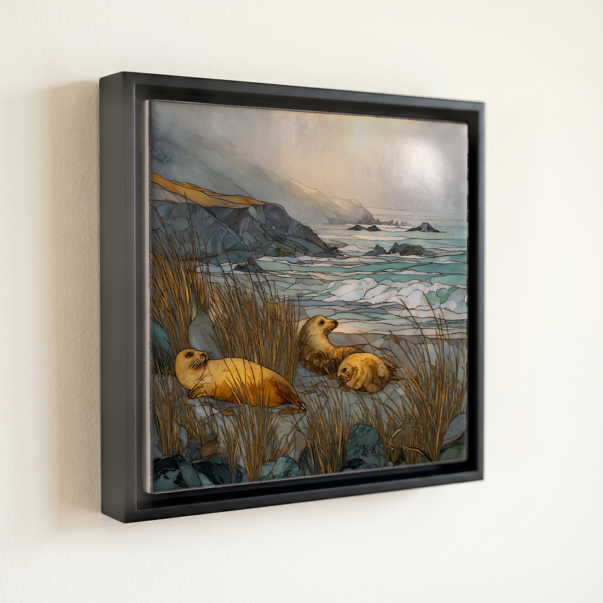 shown in a slim black floating frame · 6 × 6 in
