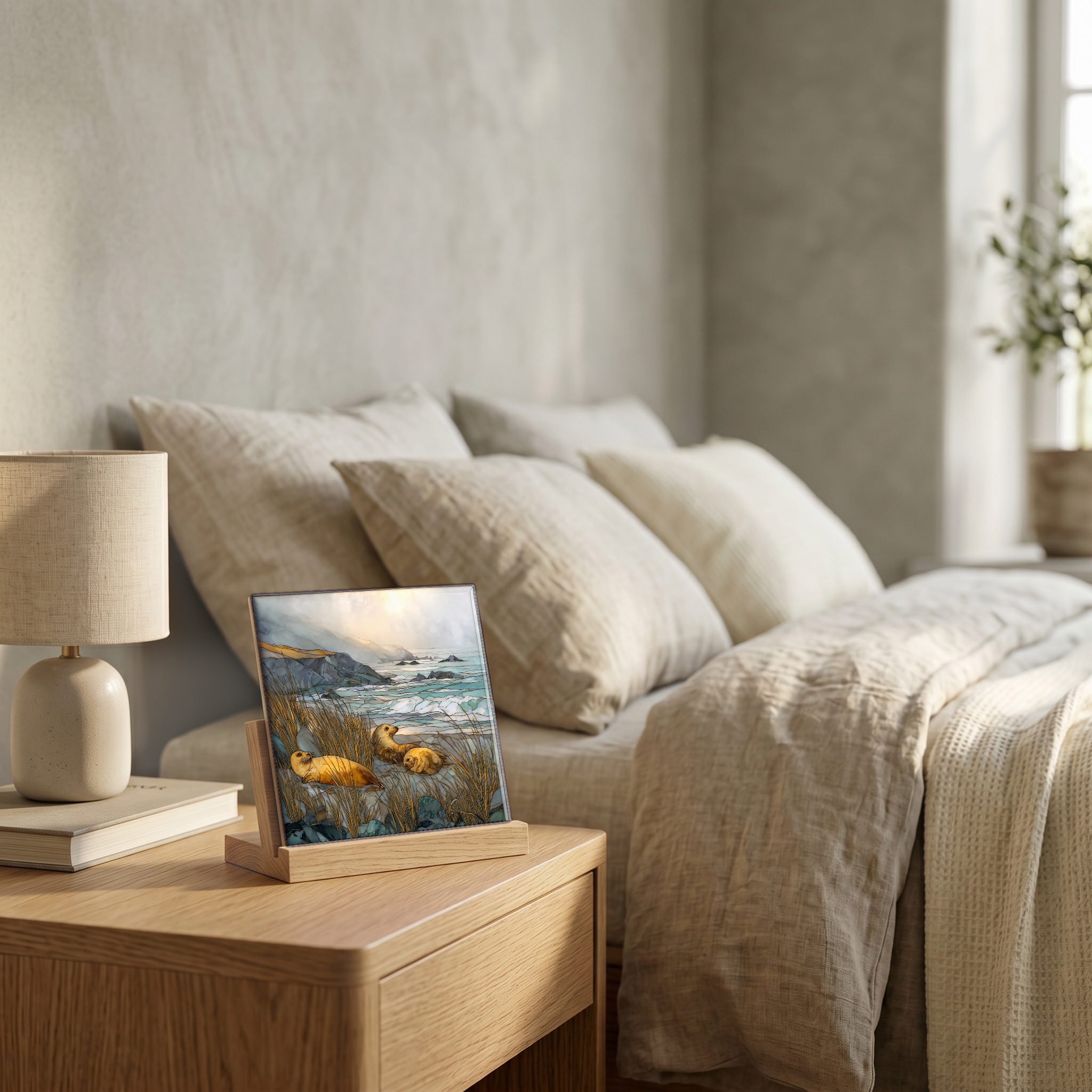 On the nightstand, on a light oak stand.