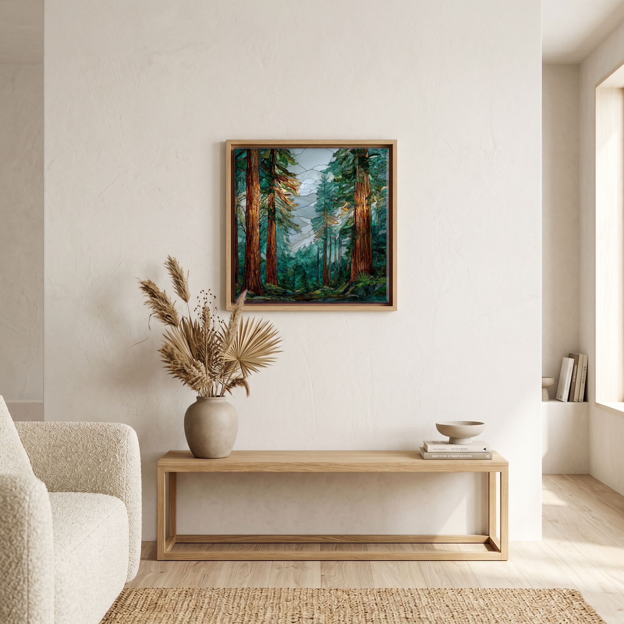 Above the bench, in a warm oak surround.