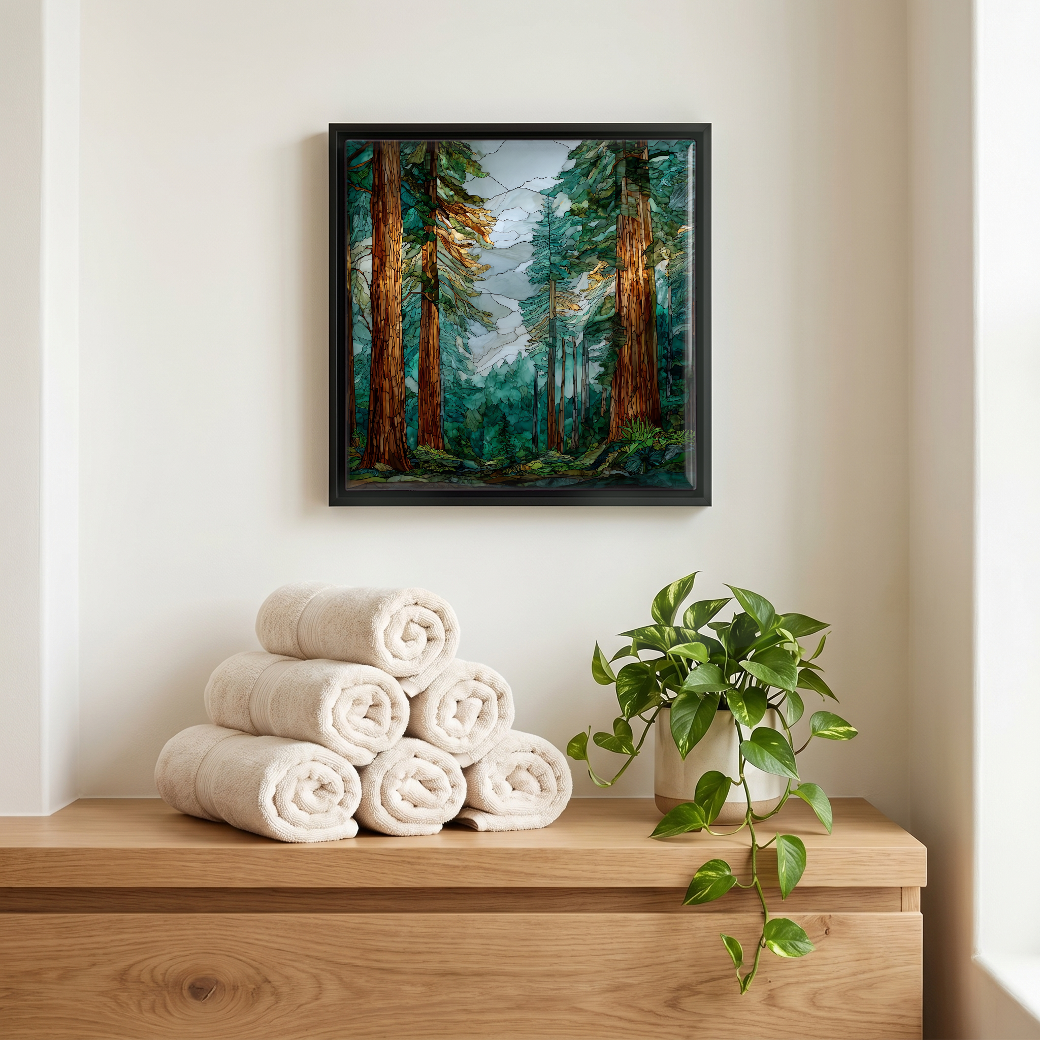 Above the linens, in a slim black surround.