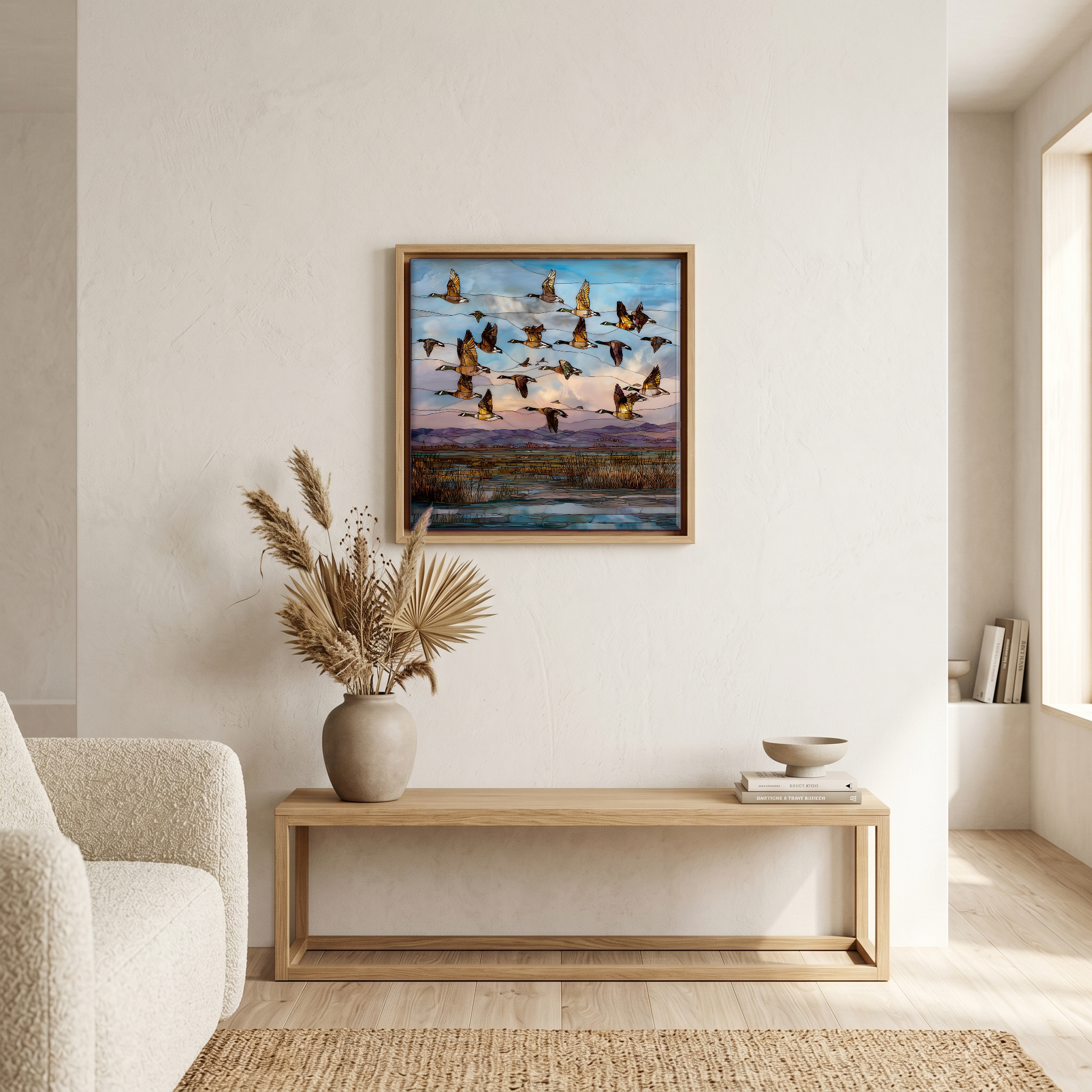 Above the bench, in a warm oak surround.