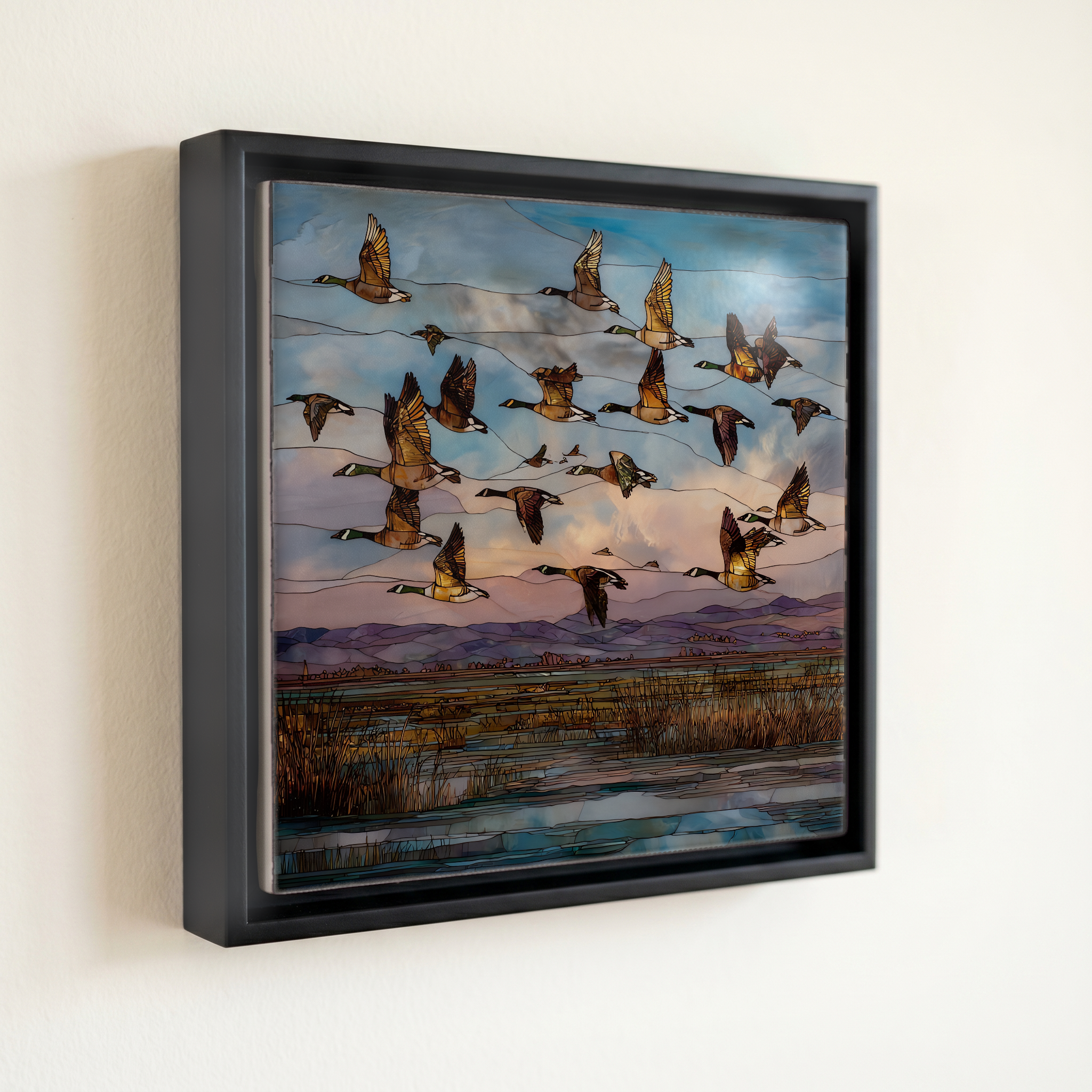 shown in a slim black floating frame · 6 × 6 in
