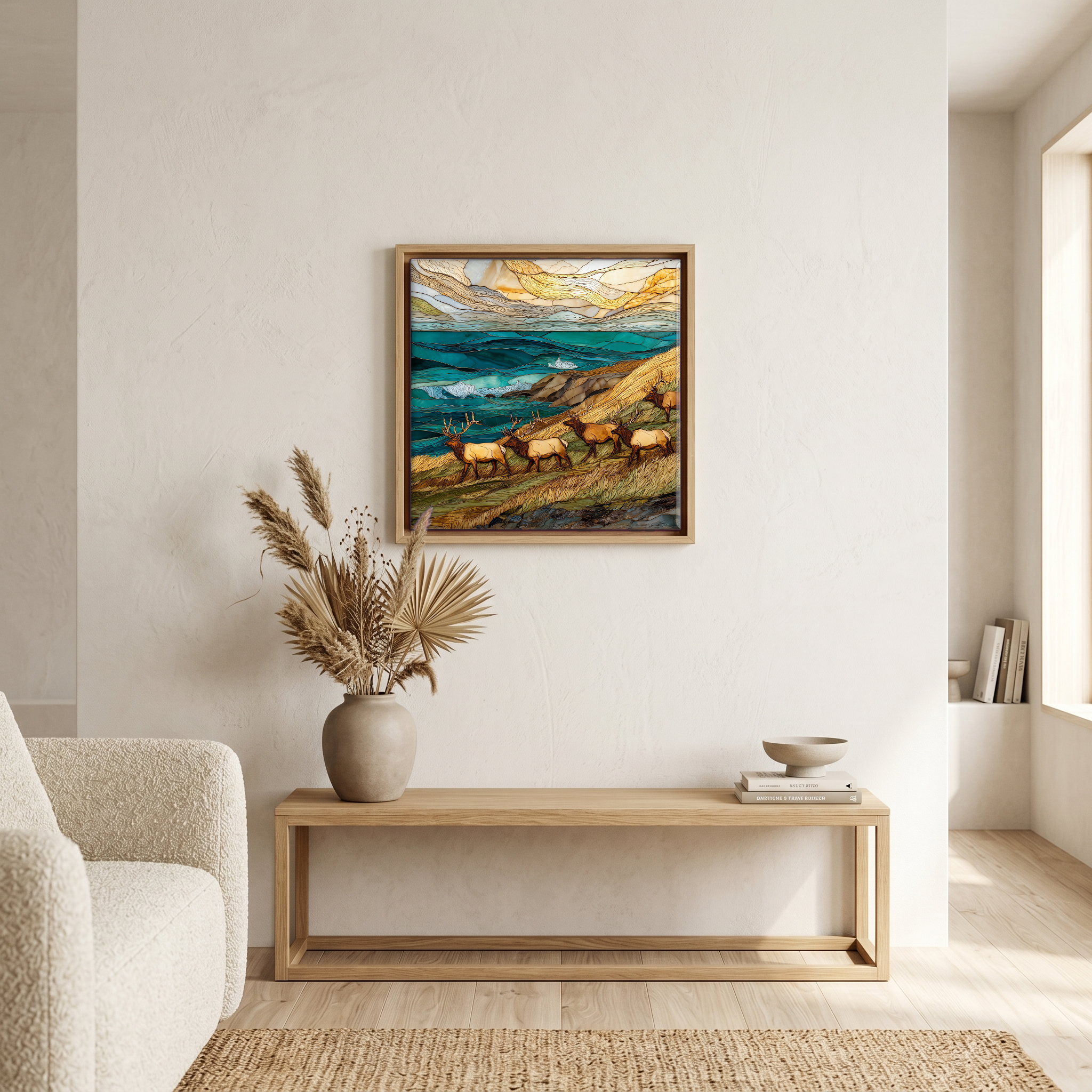 Above the bench, in a warm oak surround.