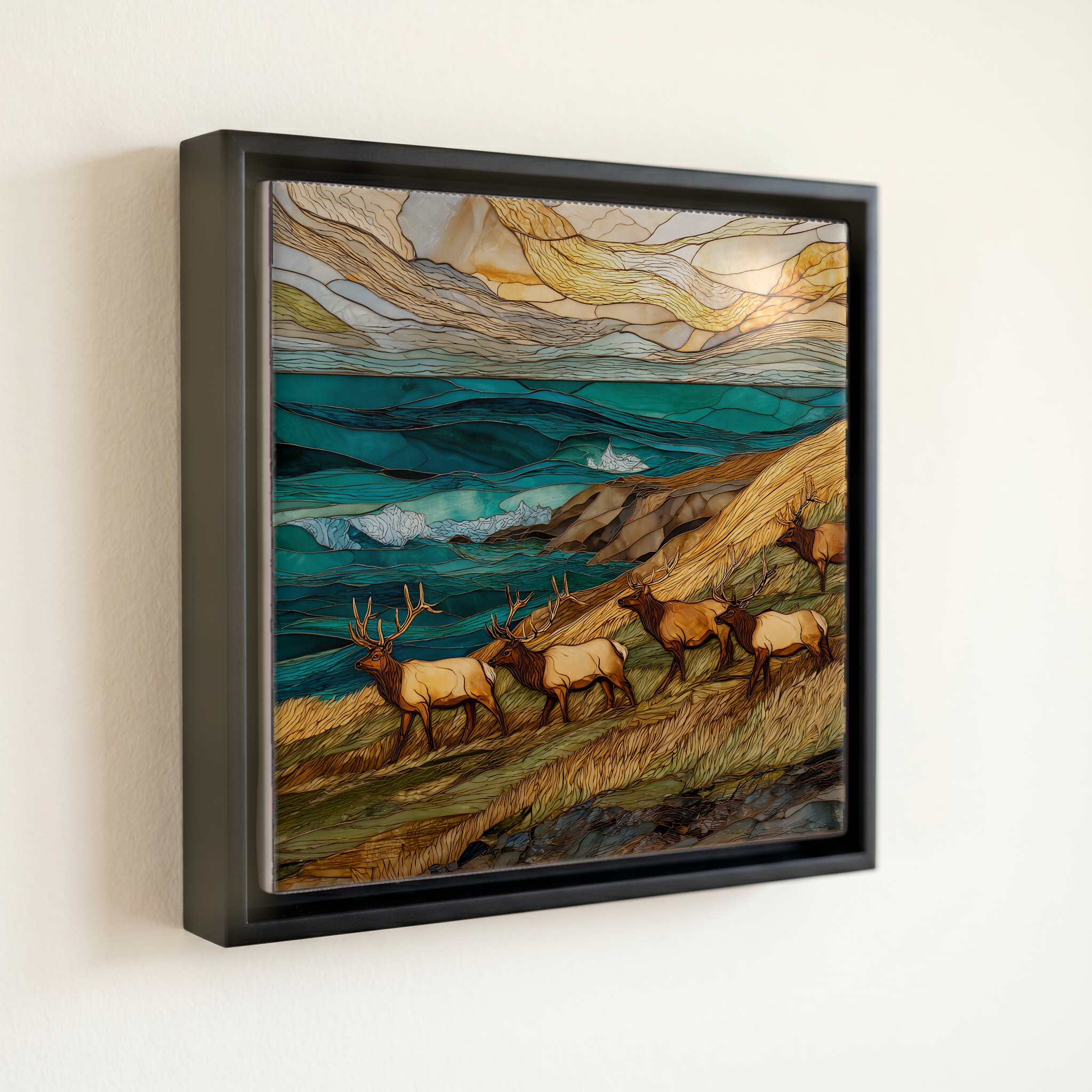 shown in a slim black floating frame · 6 × 6 in