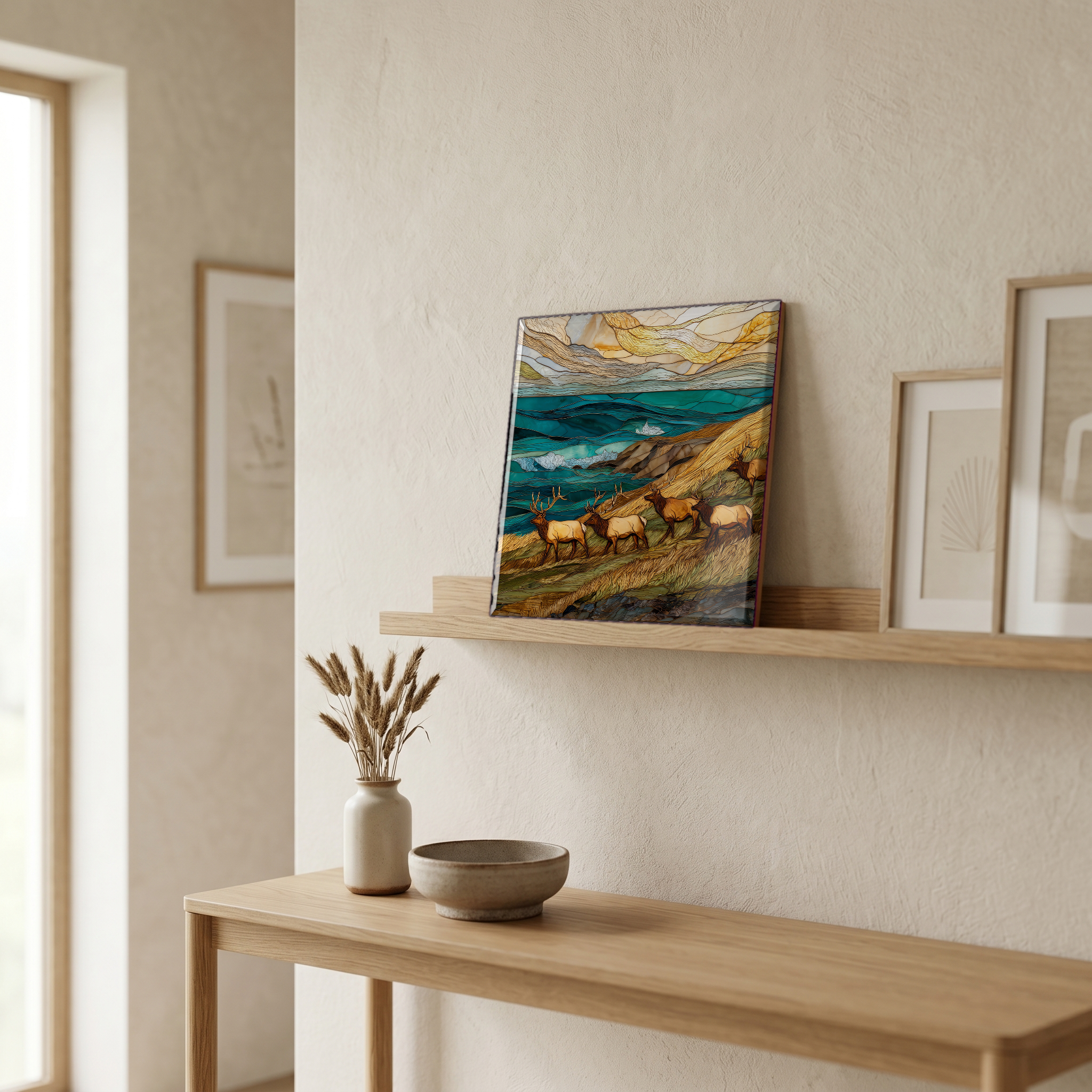 On a picture ledge, where the light comes in.